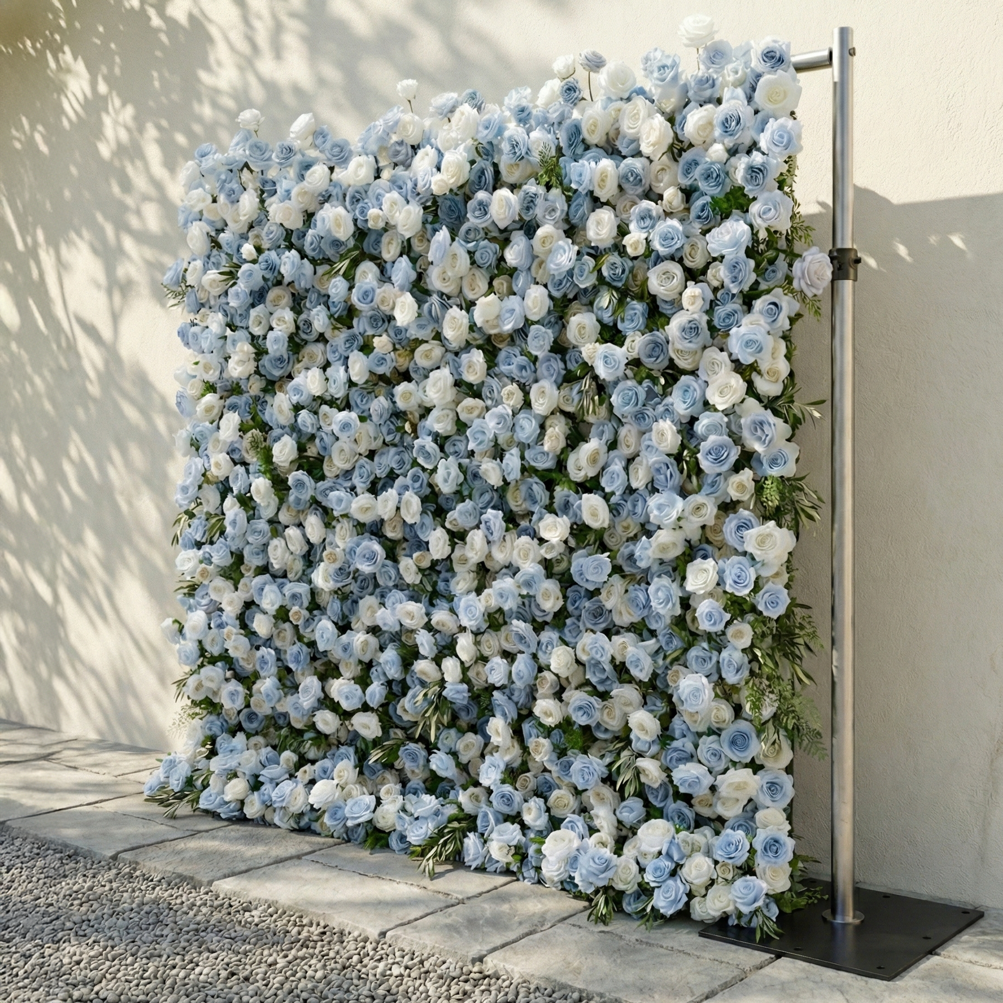 Stellan: 5D Elegant Serene Blue & Ivory Silk Floral Wall Roll-Up Fabric Backdrop for Seaside Weddings & Parties