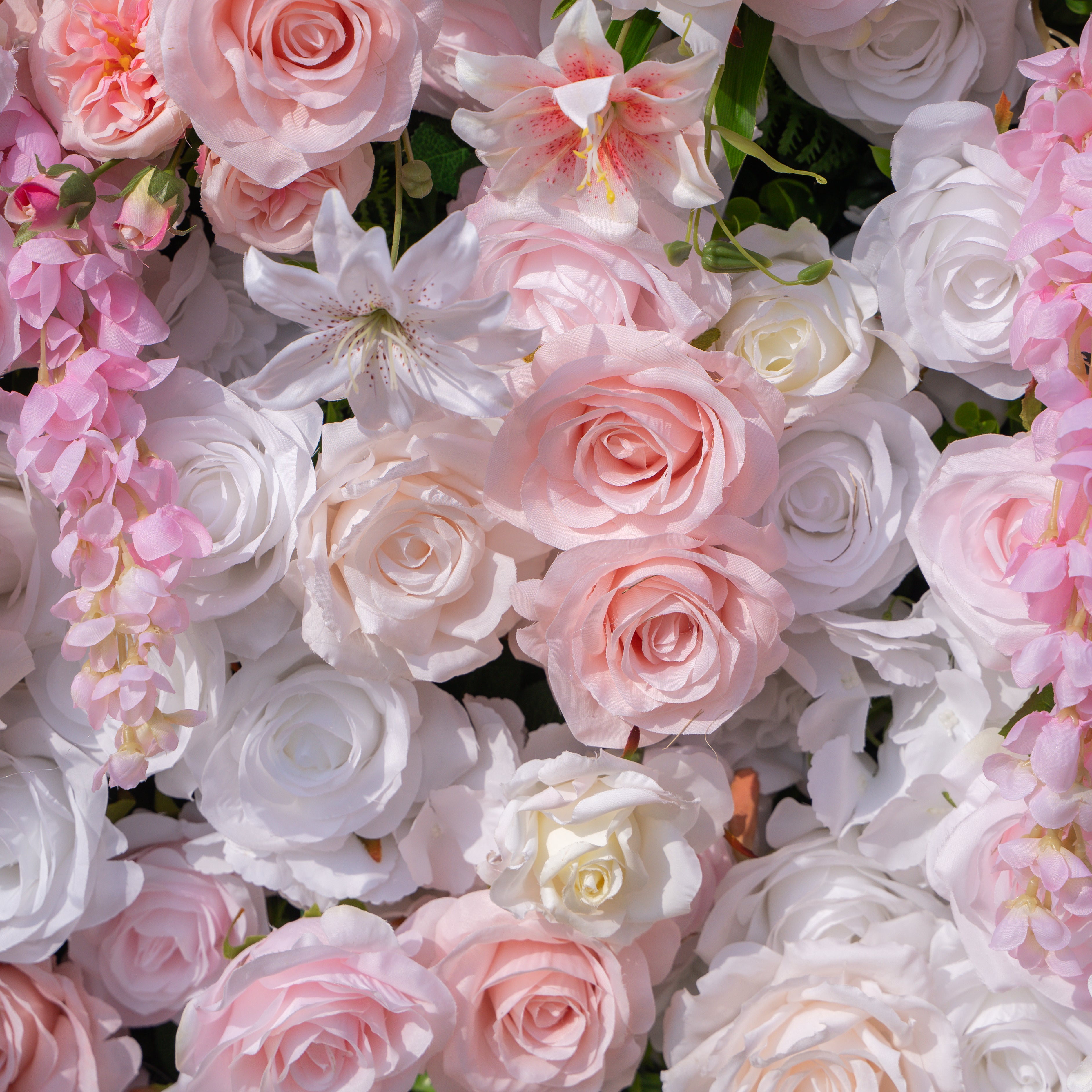Valerie: 5D White and Pink Silk Rose Flower Wall Roll-Up Fabric Backdrop for Elegant Weddings & Events