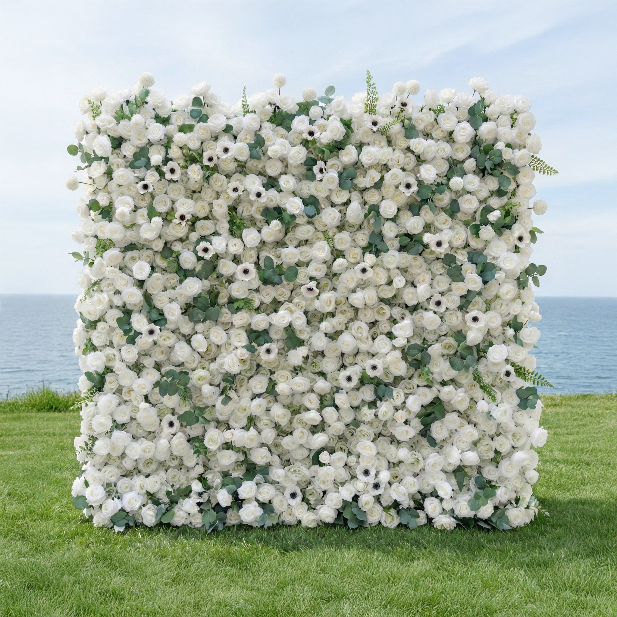 Veda: 5D Elegant White Silk Rose & Greenery Wall Roll-Up Fabric Backdrop for Grand Weddings & Ceremonies