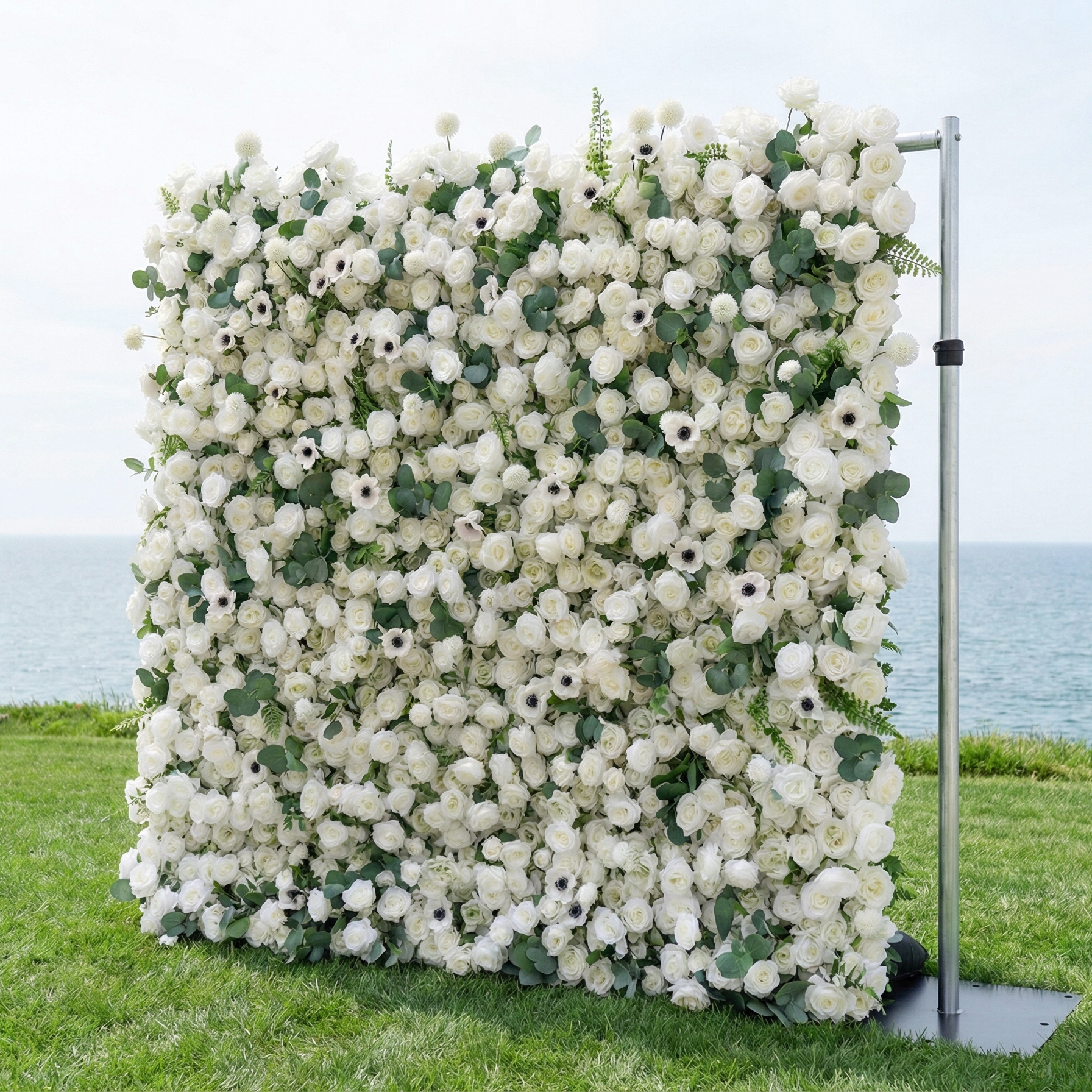 Veda: 5D Elegant White Silk Rose & Greenery Wall Roll-Up Fabric Backdrop for Grand Weddings & Ceremonies