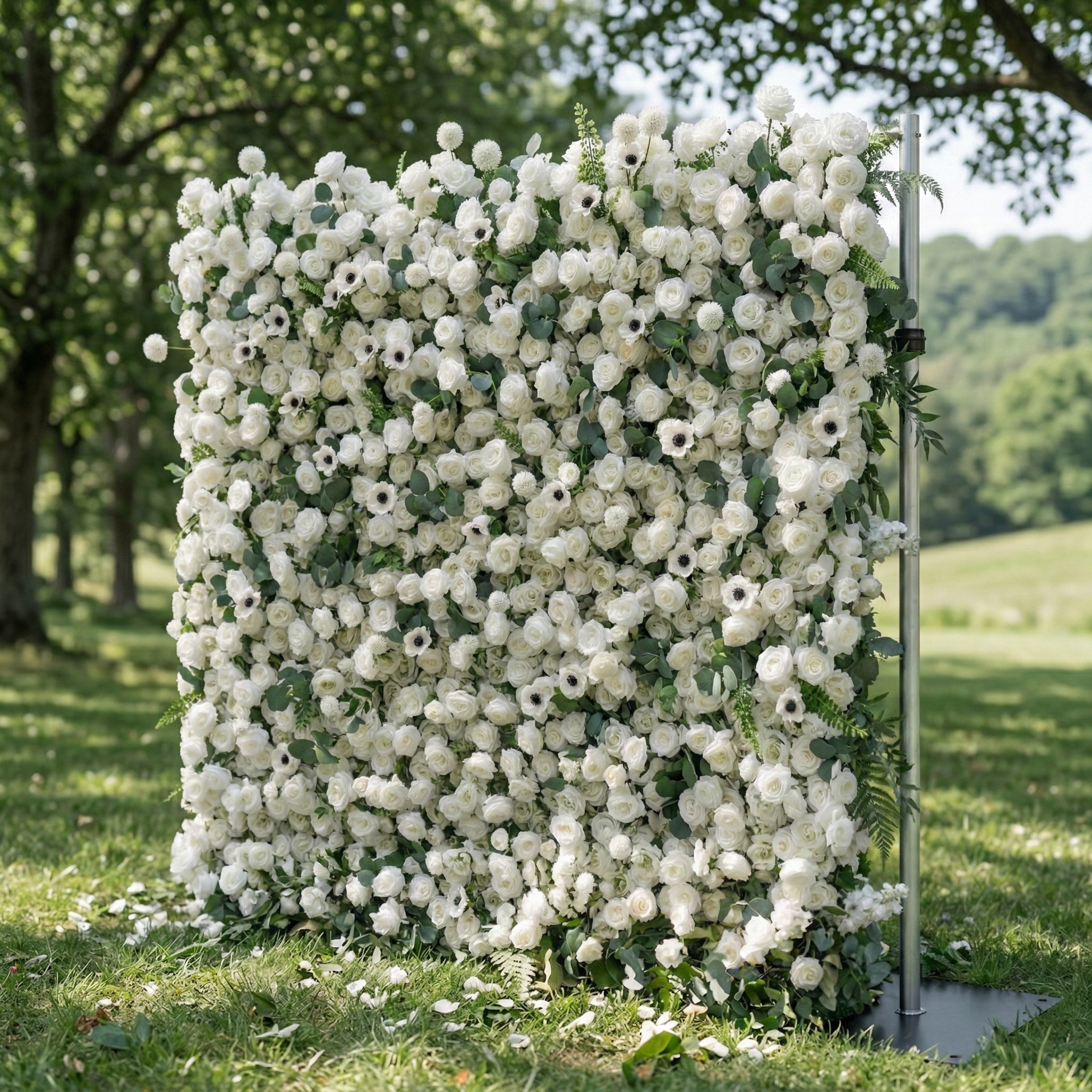 Veda: 5D Elegant White Silk Rose & Greenery Wall Roll-Up Fabric Backdrop for Grand Weddings & Ceremonies