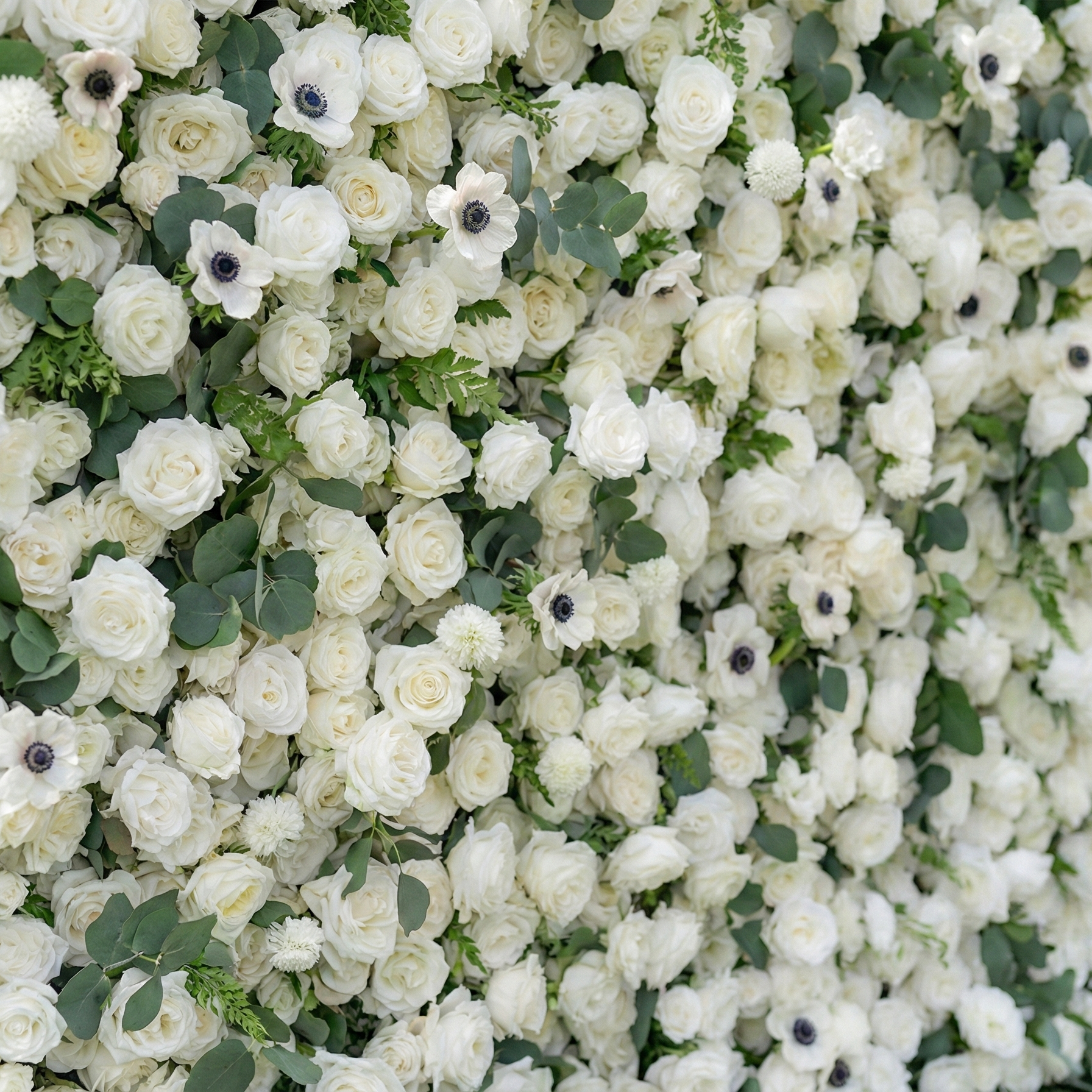 Veda: 5D Elegant White Silk Rose & Greenery Wall Roll-Up Fabric Backdrop for Grand Weddings & Ceremonies