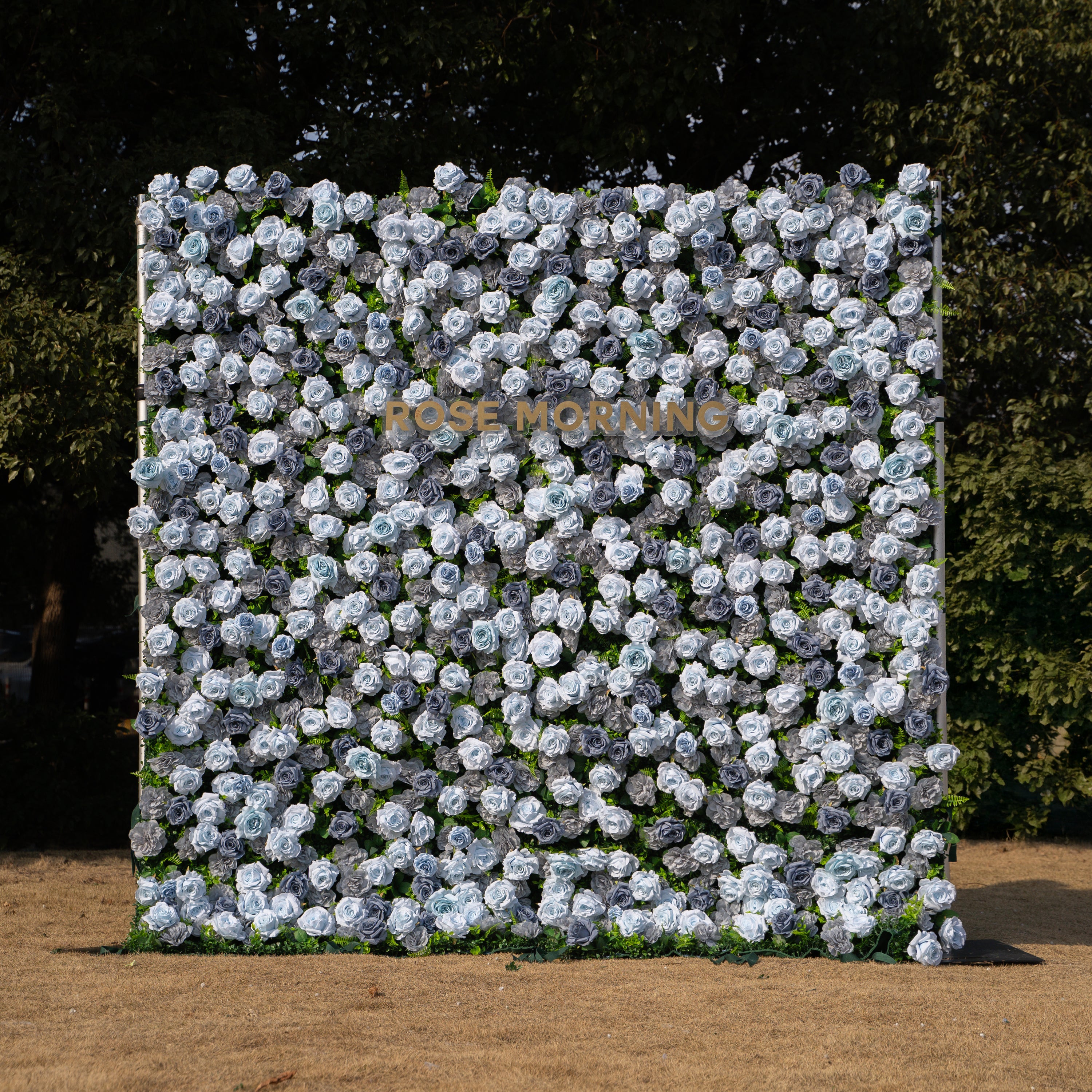 Velora: 3D Dusty Blue Rose Roll-Up Fabric Curtain Floral Backdrop for Weddings & Luxury Events