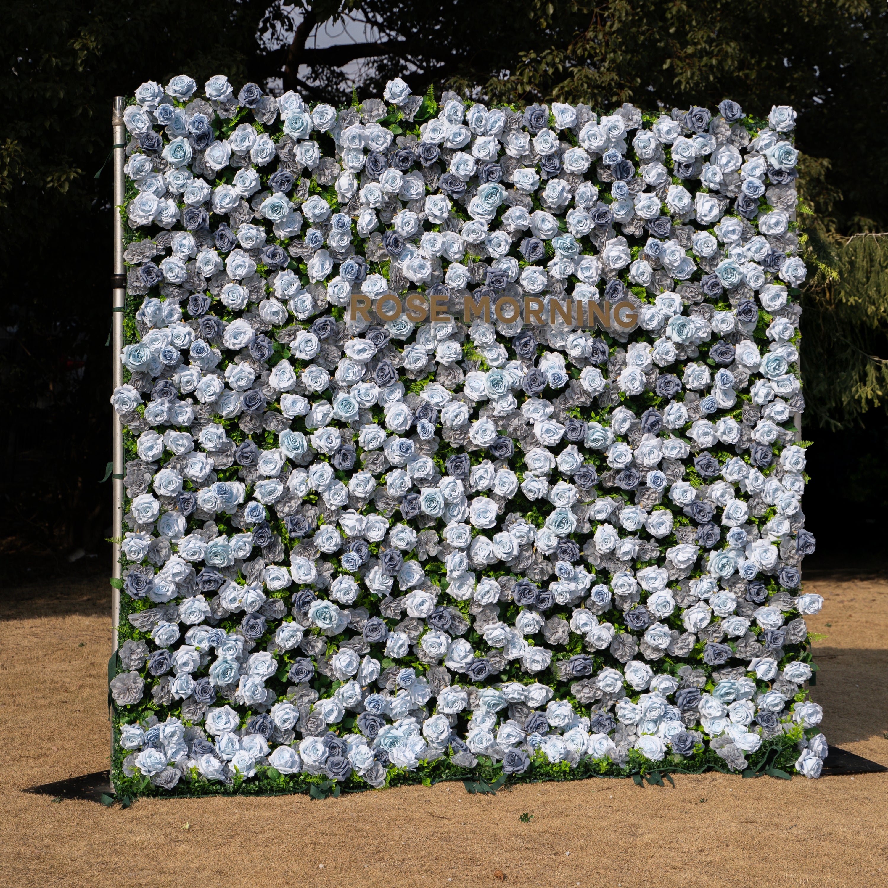 Velora: 3D Dusty Blue Rose Roll-Up Fabric Curtain Floral Backdrop for Weddings & Luxury Events
