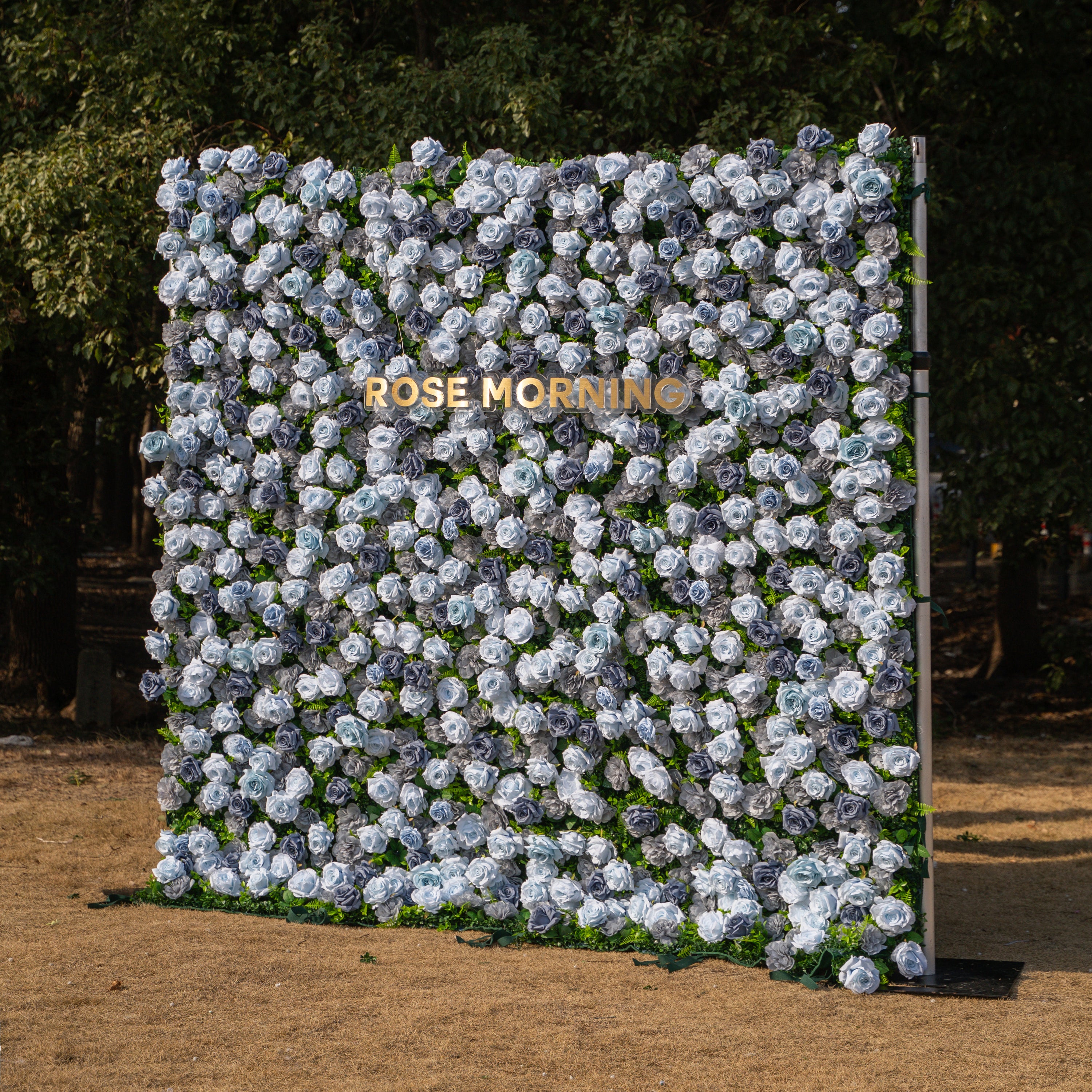 Velora: 3D Dusty Blue Rose Roll-Up Fabric Curtain Floral Backdrop for Weddings & Luxury Events