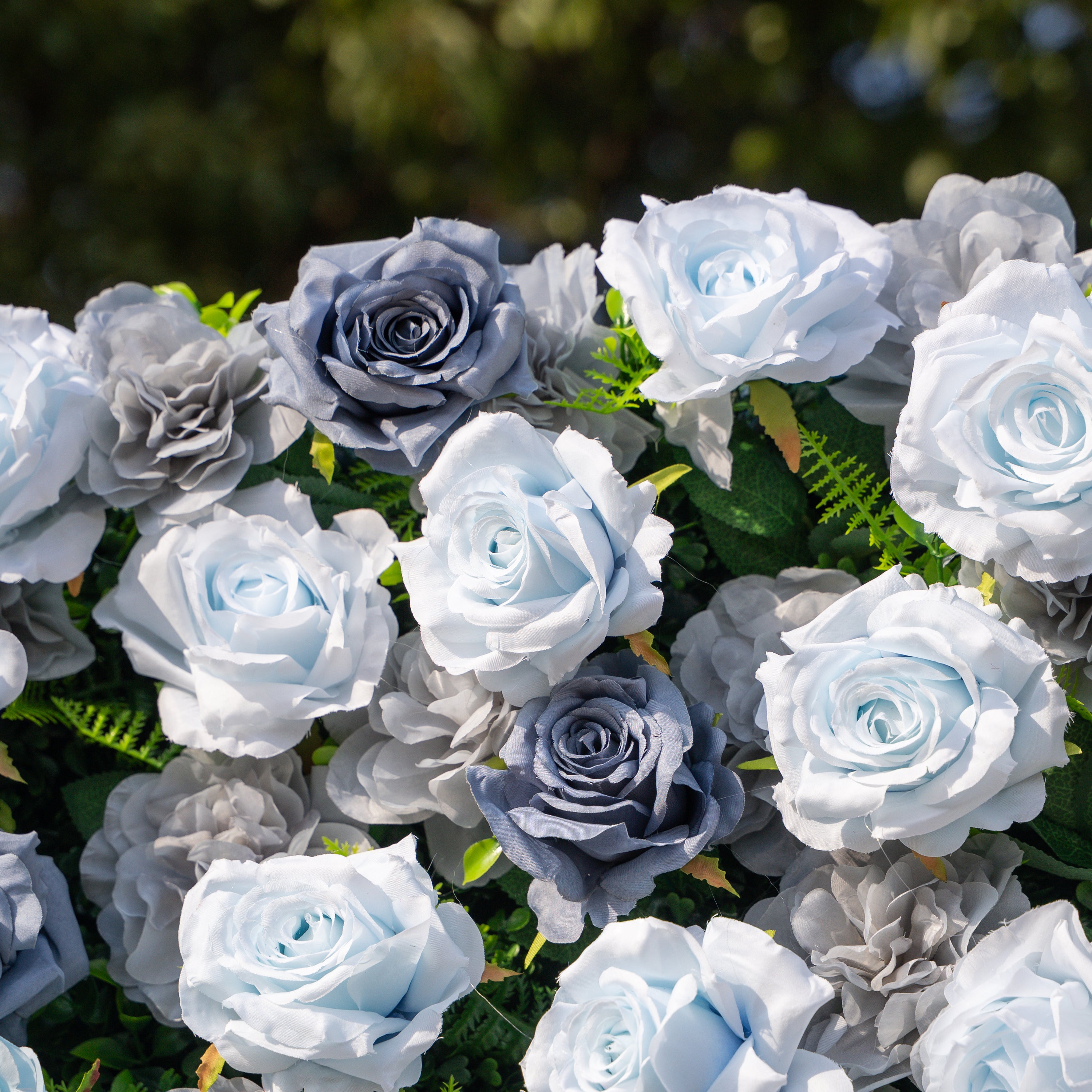 Velora: 3D Dusty Blue Rose Roll-Up Fabric Curtain Floral Backdrop for Weddings & Luxury Events