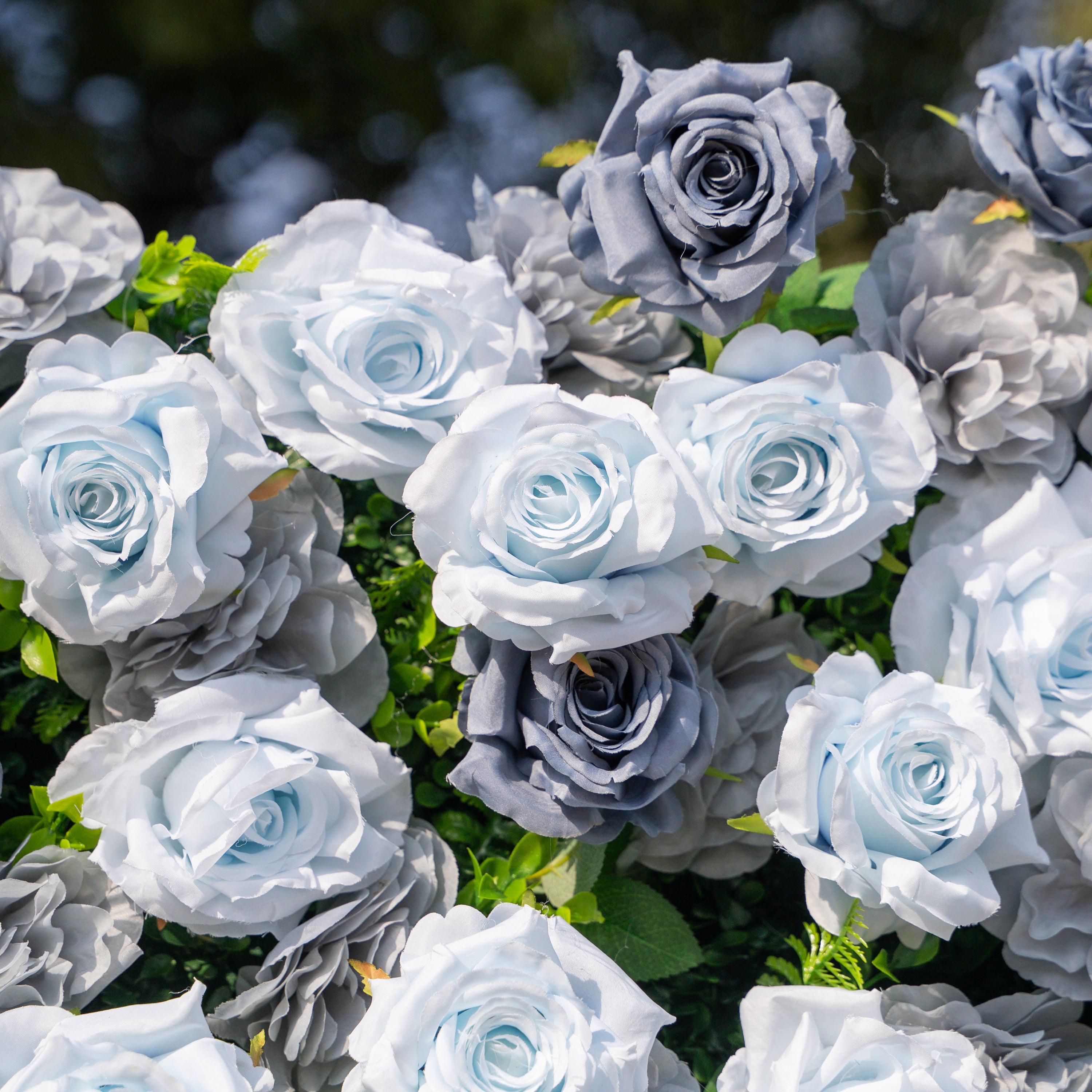Velora: 3D Dusty Blue Rose Roll-Up Fabric Curtain Floral Backdrop for Weddings & Luxury Events