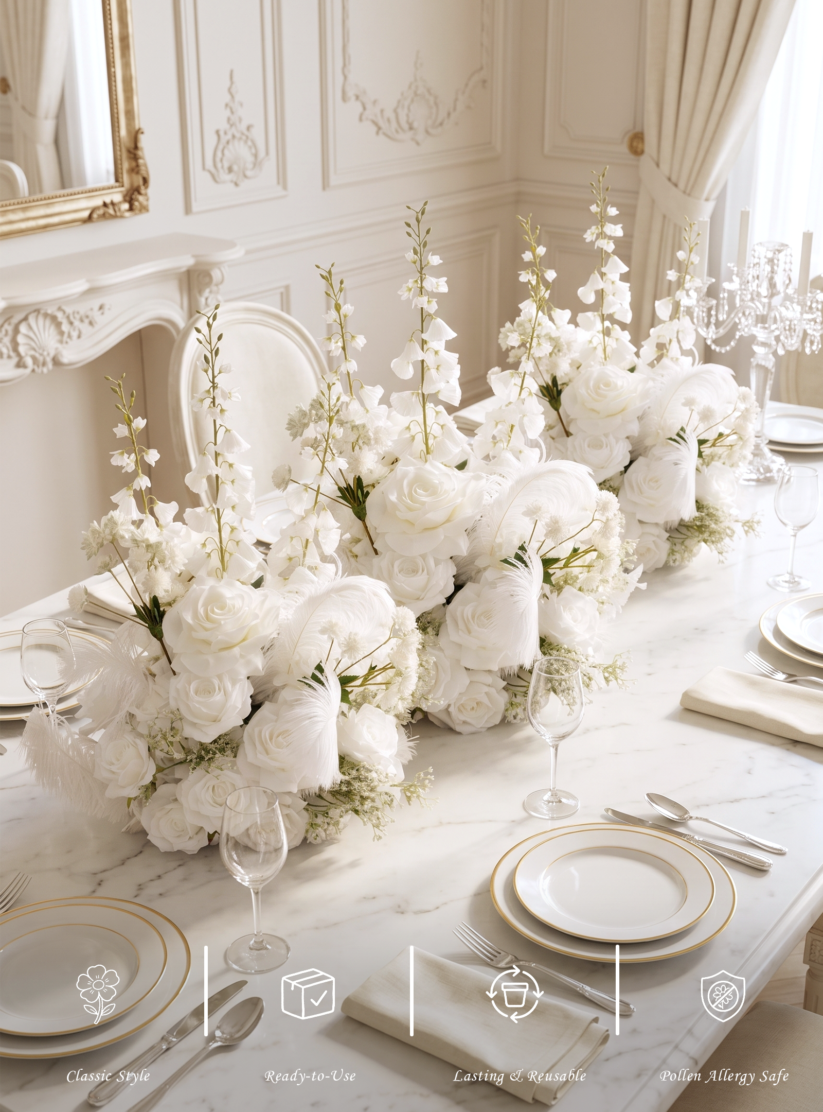 Florielle:White Artificial Rose Arrangements, Wedding Aisle & Table Decor Realistic Silk Flowers with Stable Base,Reusable,Ideal for Indoor Outdoor Ceremonies,Parties & Table Centerpieces