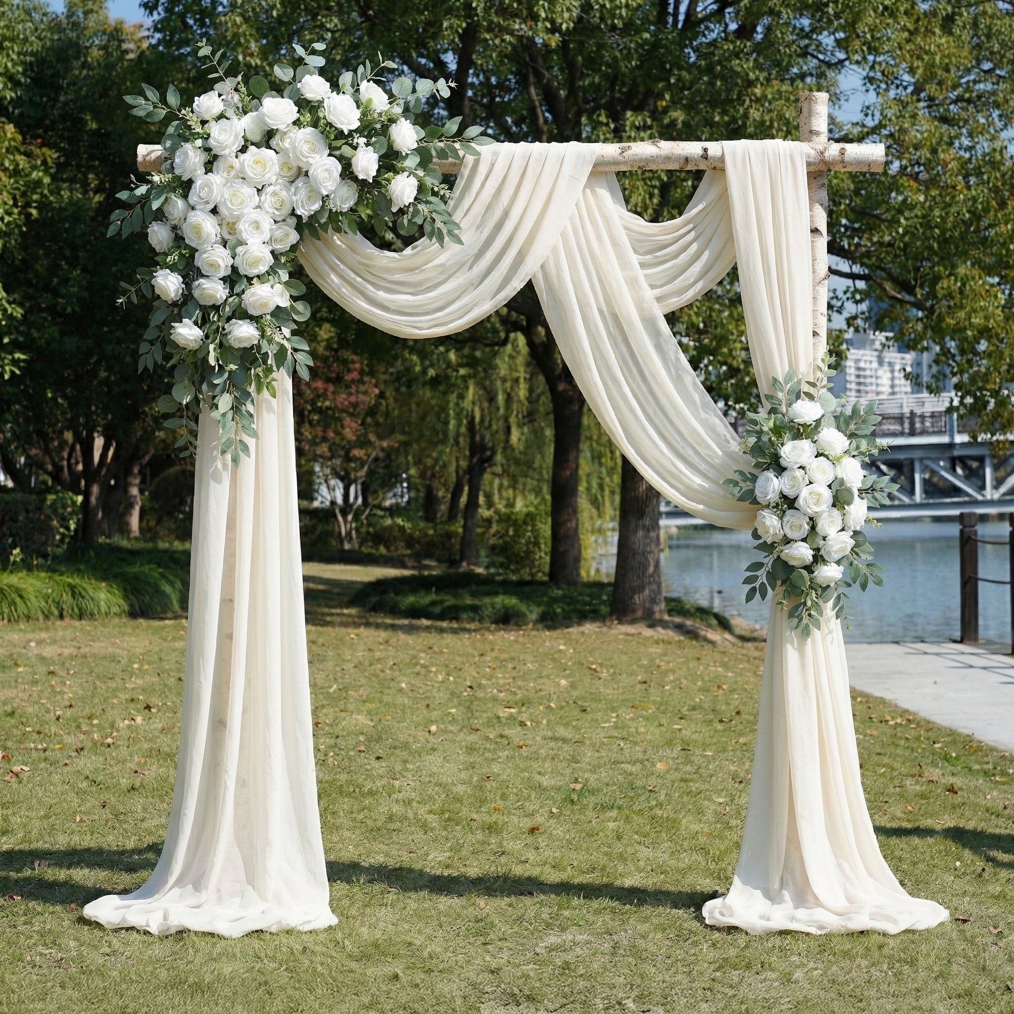 Elegant Ivory and White Wedding Arch Flowers with Drapes Set for Timeless Wedding Arch Decor