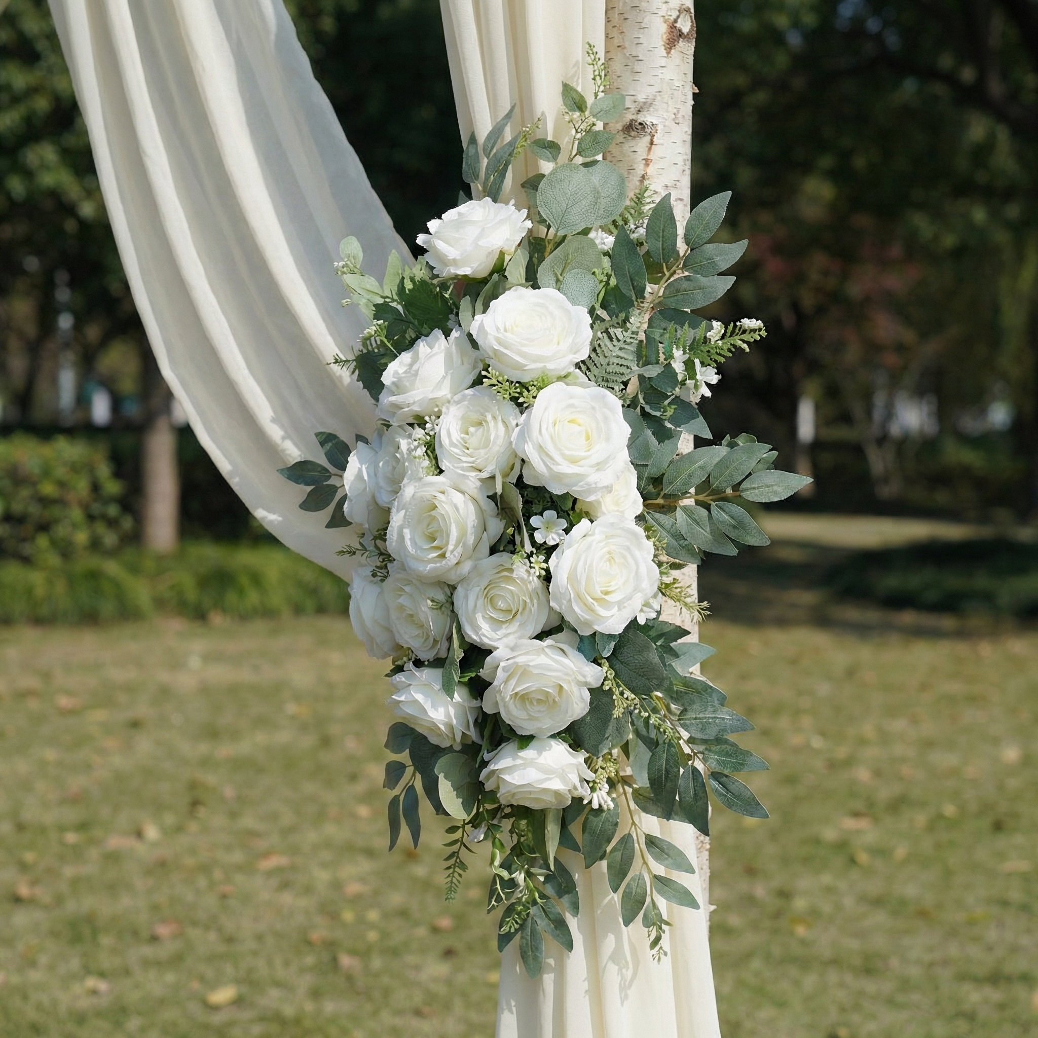 Elegant Ivory and White Wedding Arch Flowers with Drapes Set for Timeless Wedding Arch Decor