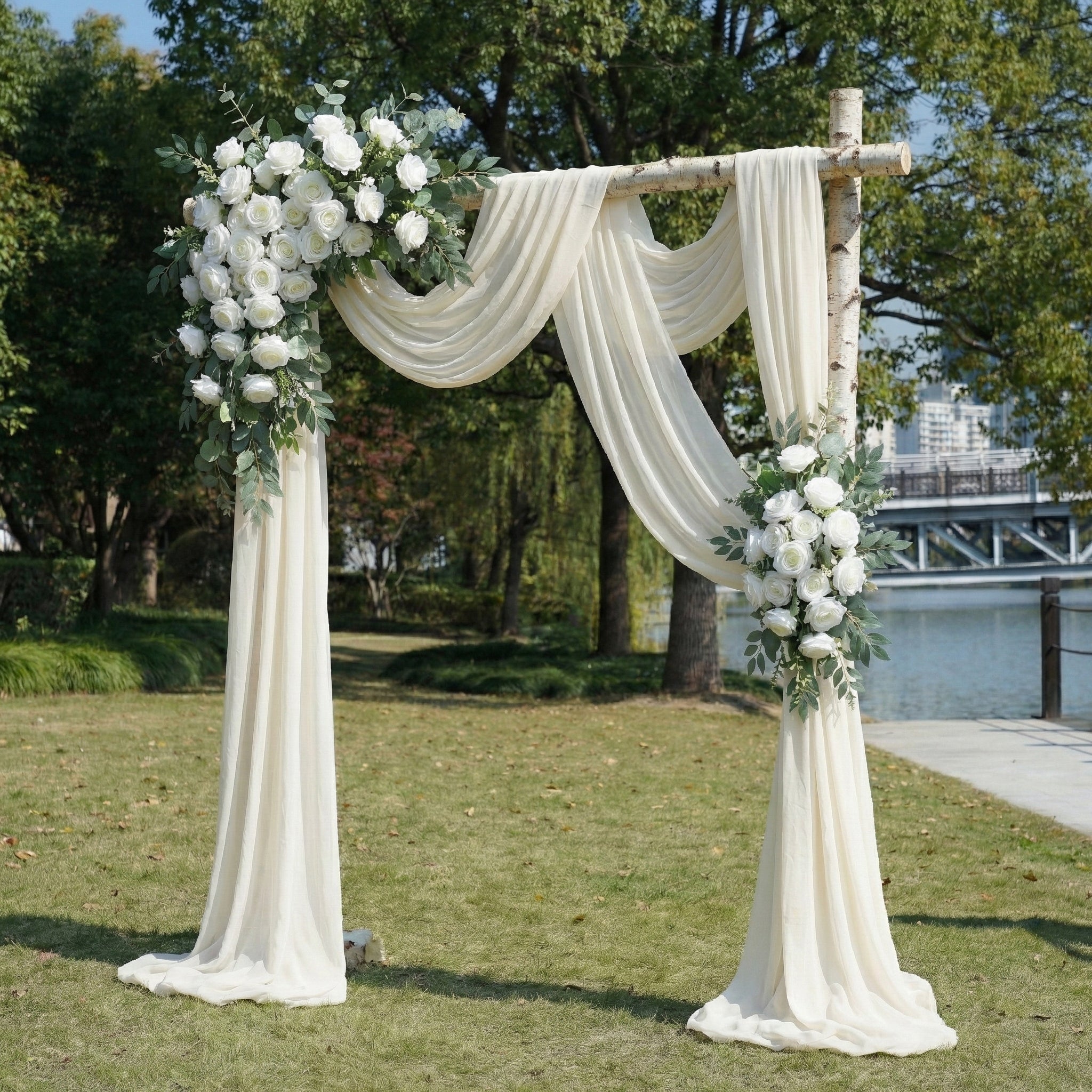 Elegant Ivory and White Wedding Arch Flowers with Drapes Set for Timeless Wedding Arch Decor