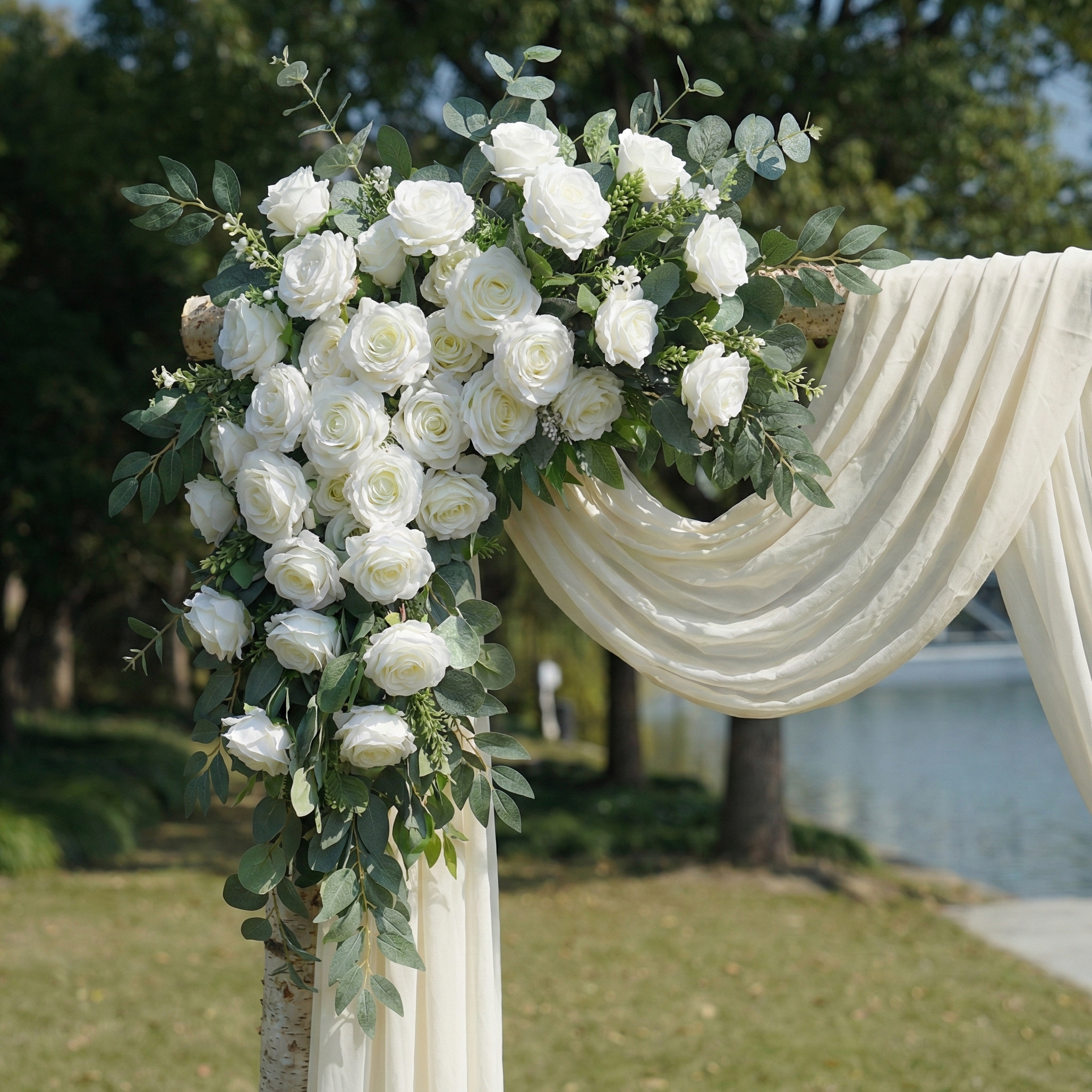Elegant Ivory and White Wedding Arch Flowers with Drapes Set for Timeless Wedding Arch Decor