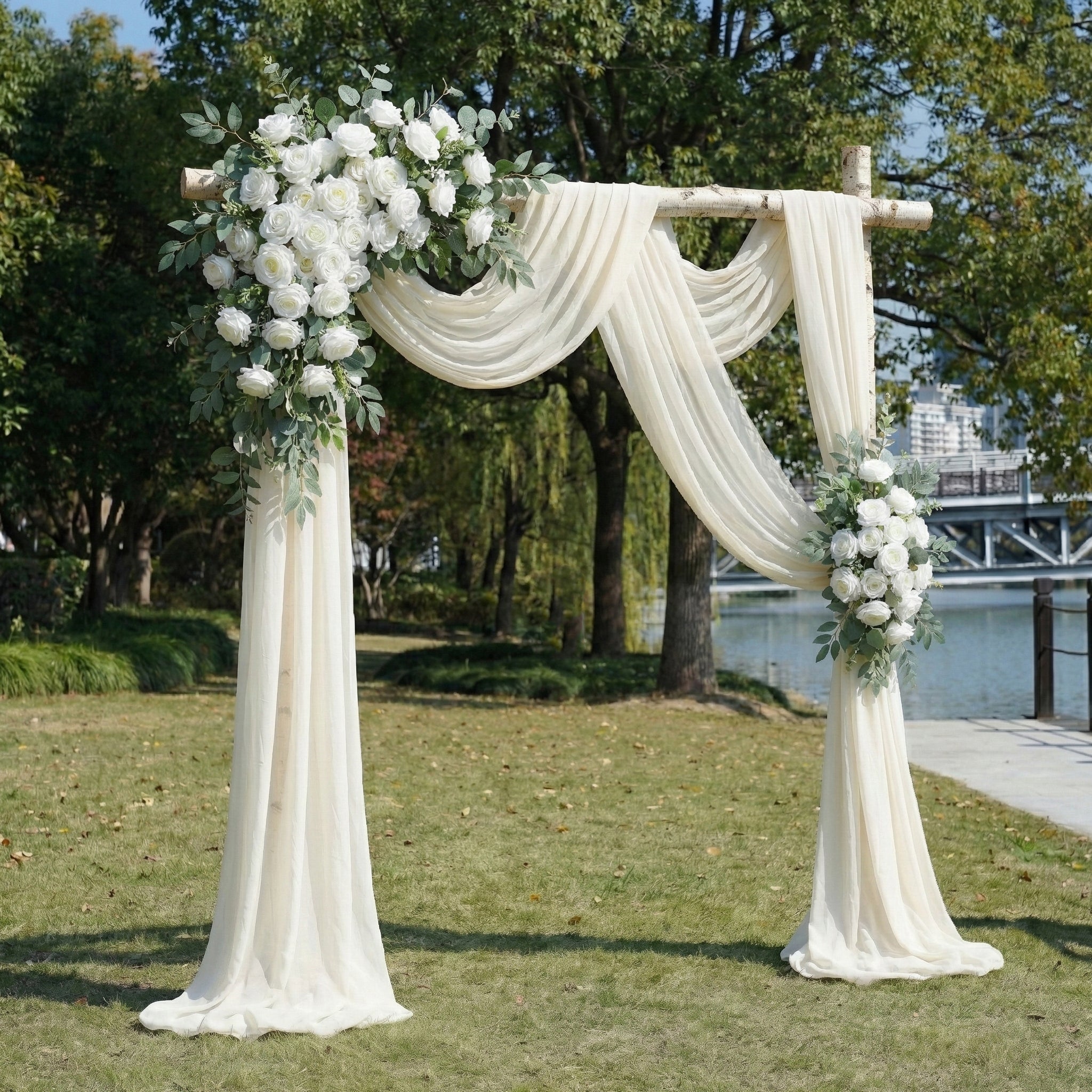Elegant Ivory and White Wedding Arch Flowers with Drapes Set for Timeless Wedding Arch Decor