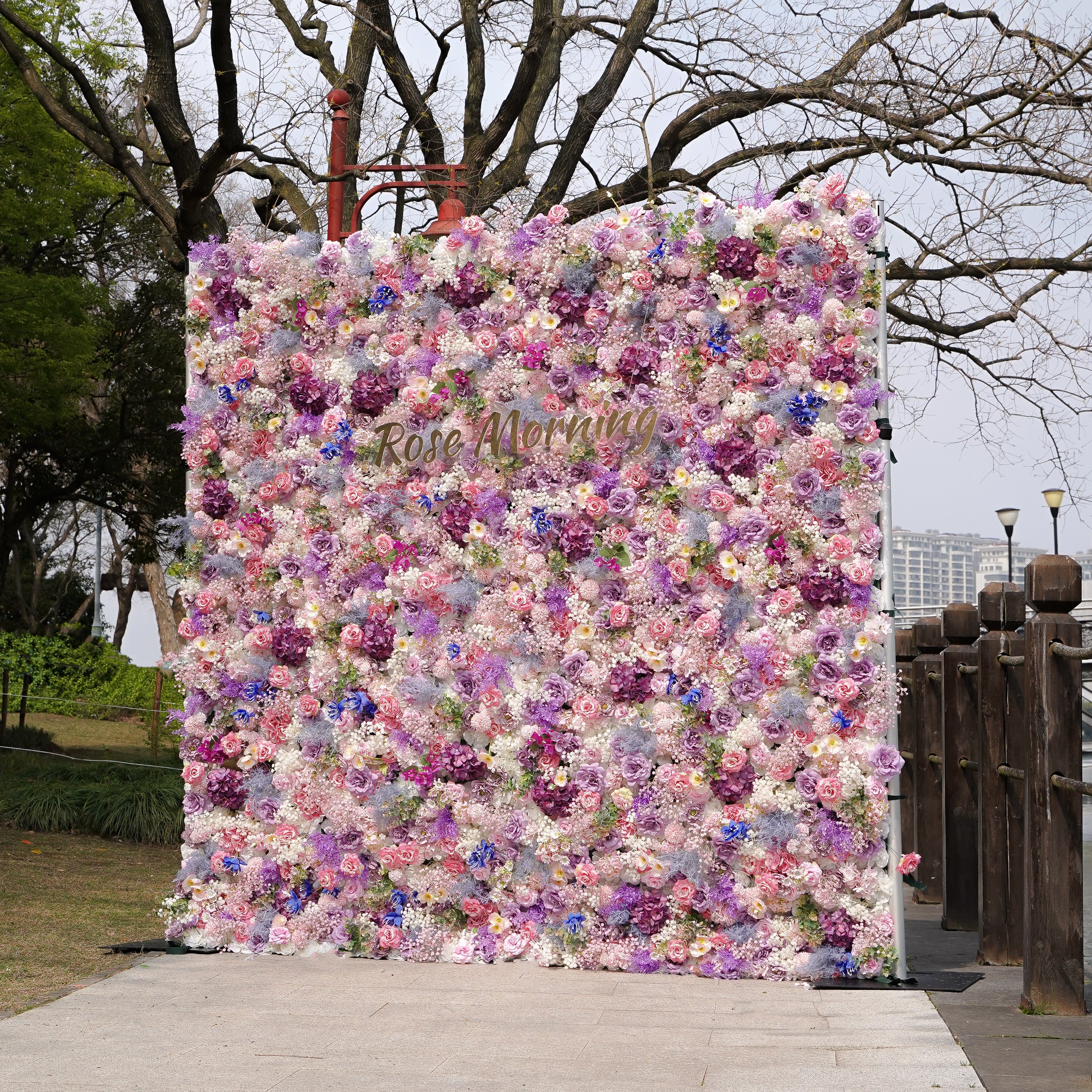 Rose Morning“The flower walls are made of artificial flowers in various colors, layered at different levels to create a lush, elegant and natural look. The exclusive zipper design and roll-up design make it easy to install and remove.”