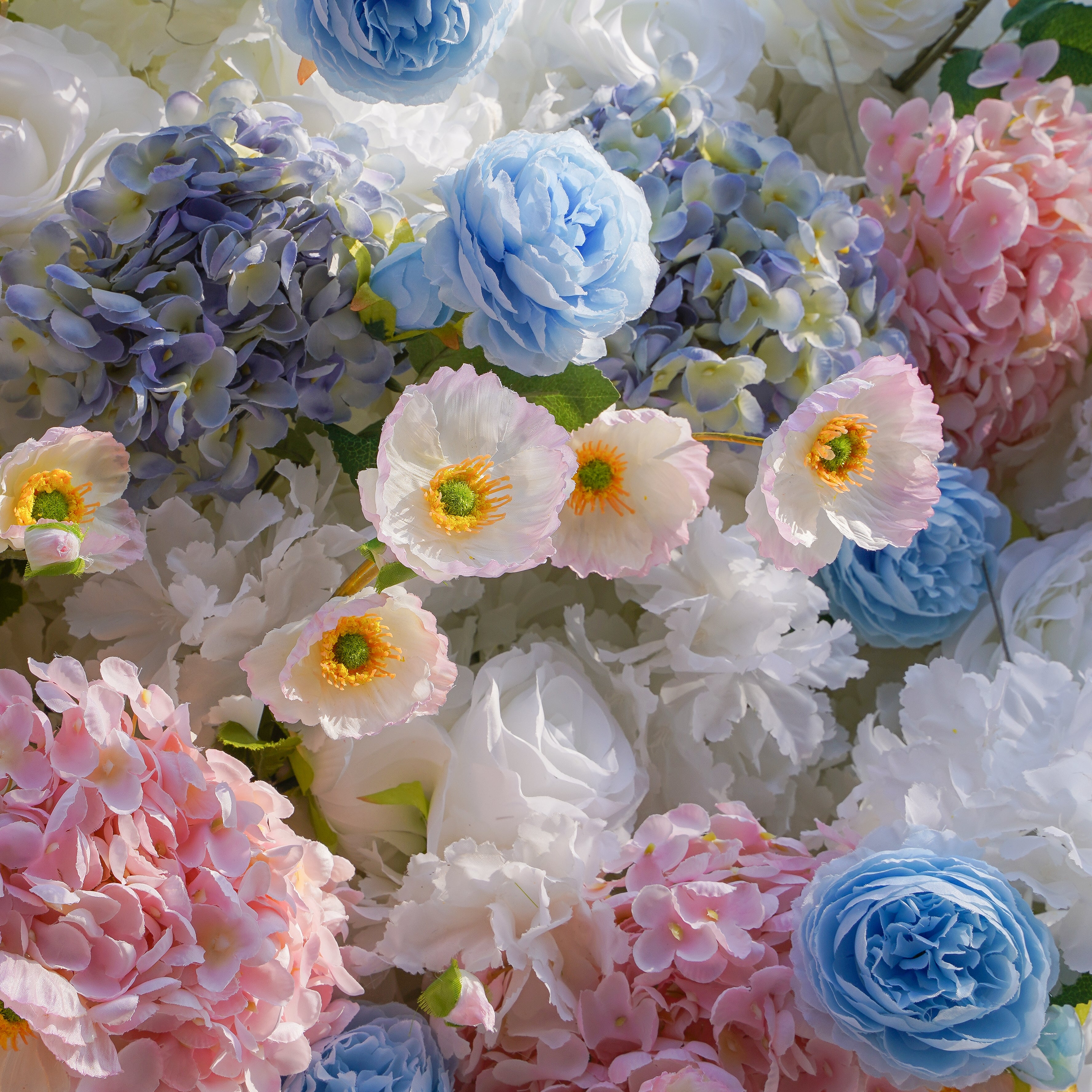 Rose Morning“The flower walls are made of artificial flowers in various colors, layered at different levels to create a lush, elegant and natural look. The exclusive zipper design and roll-up design make it easy to install and remove.”