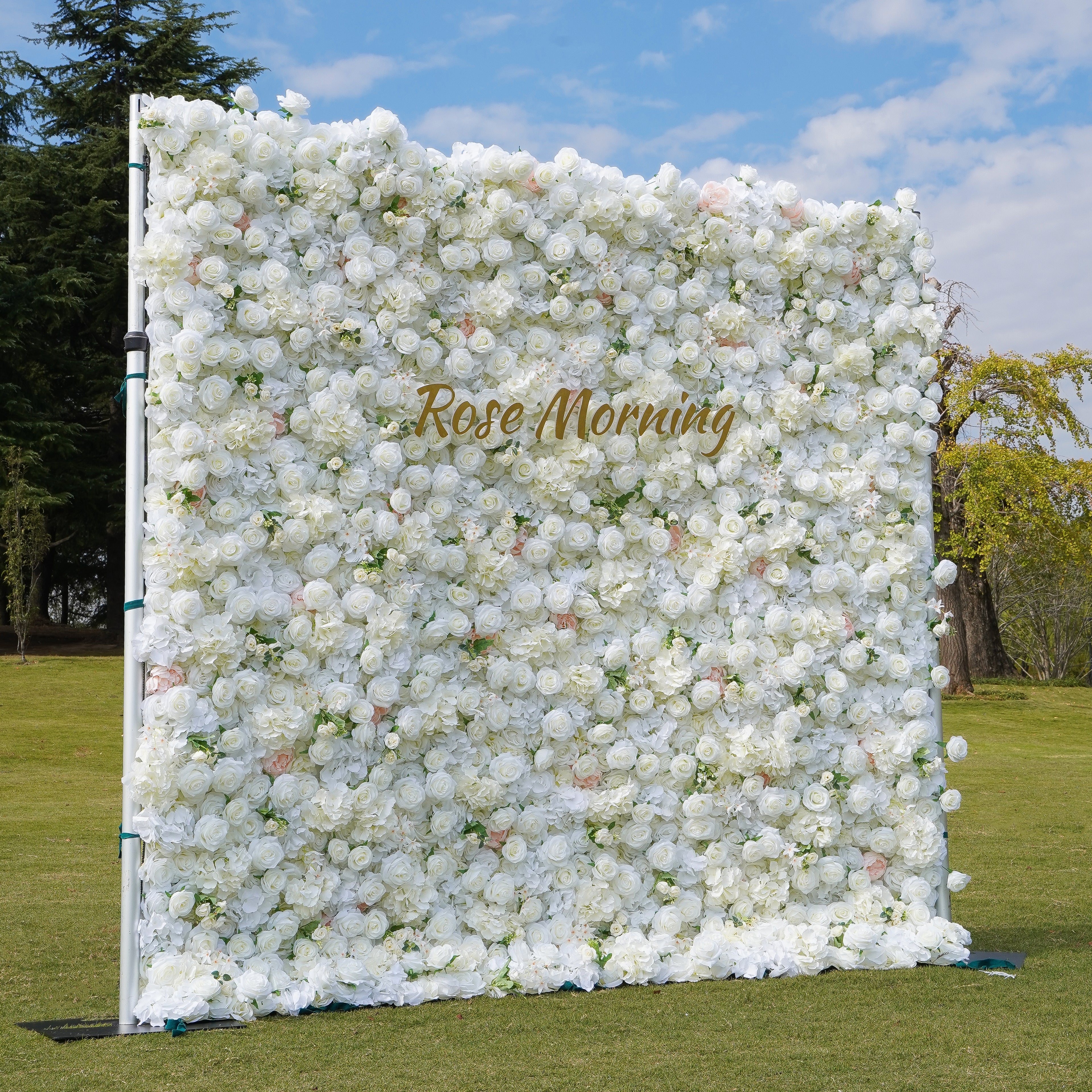 Rose Morning“The flower walls are made of artificial flowers in various colors, layered at different levels to create a lush, elegant and natural look. The exclusive zipper design and roll-up design make it easy to install and remove.”