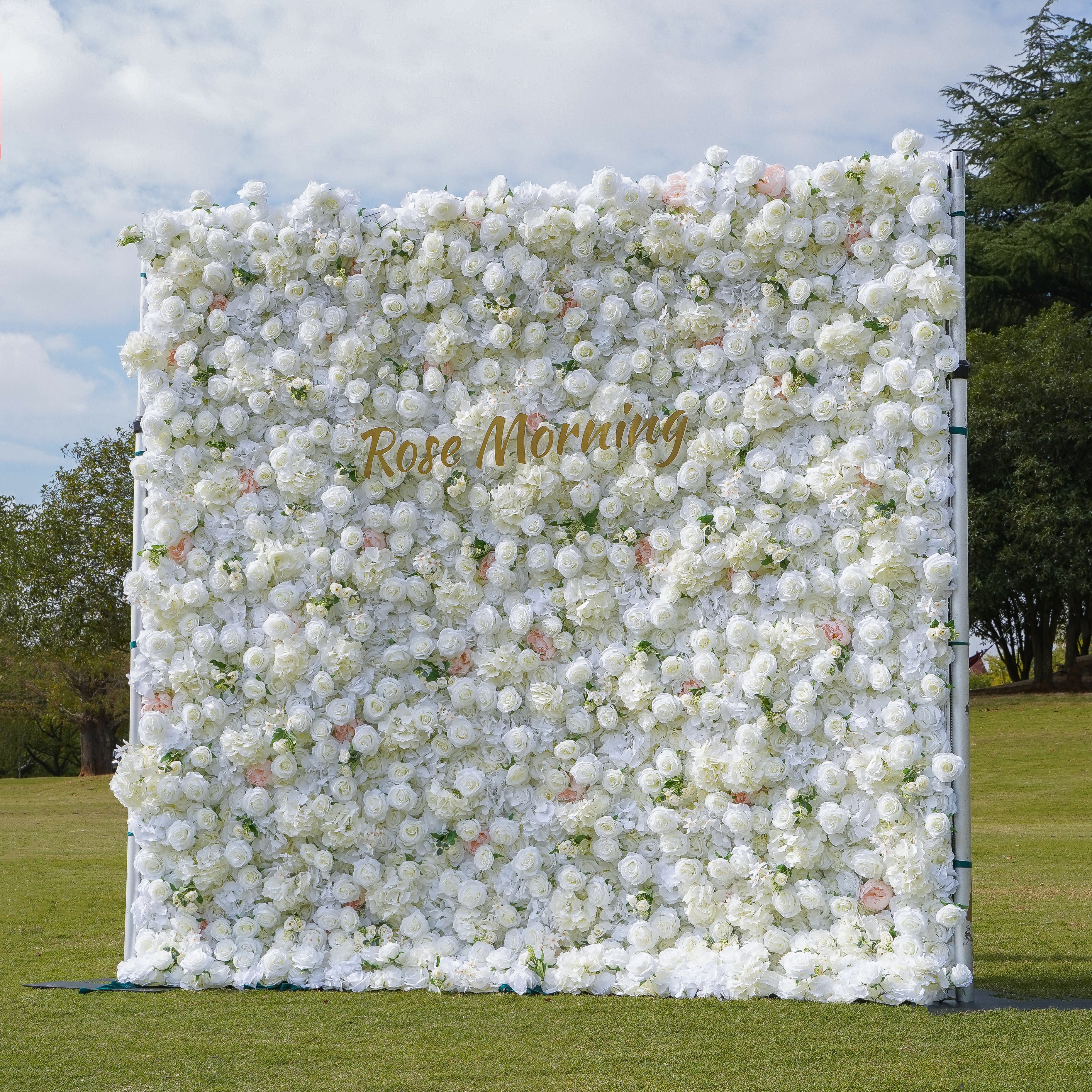 Rose Morning“The flower walls are made of artificial flowers in various colors, layered at different levels to create a lush, elegant and natural look. The exclusive zipper design and roll-up design make it easy to install and remove.”