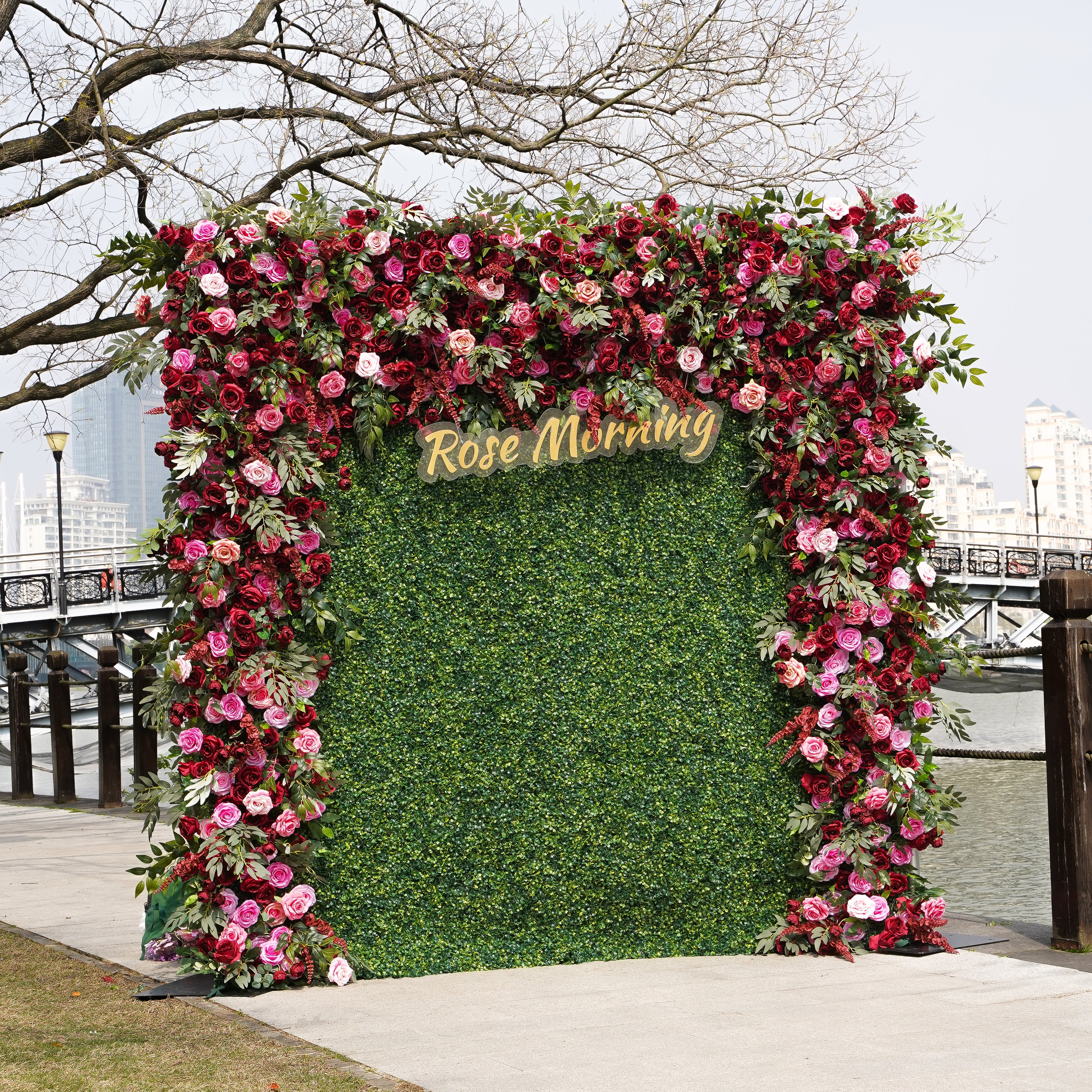 Rose Morning“The flower walls are made of artificial flowers in various colors, layered at different levels to create a lush, elegant and natural look. The exclusive zipper design and roll-up design make it easy to install and remove.”
