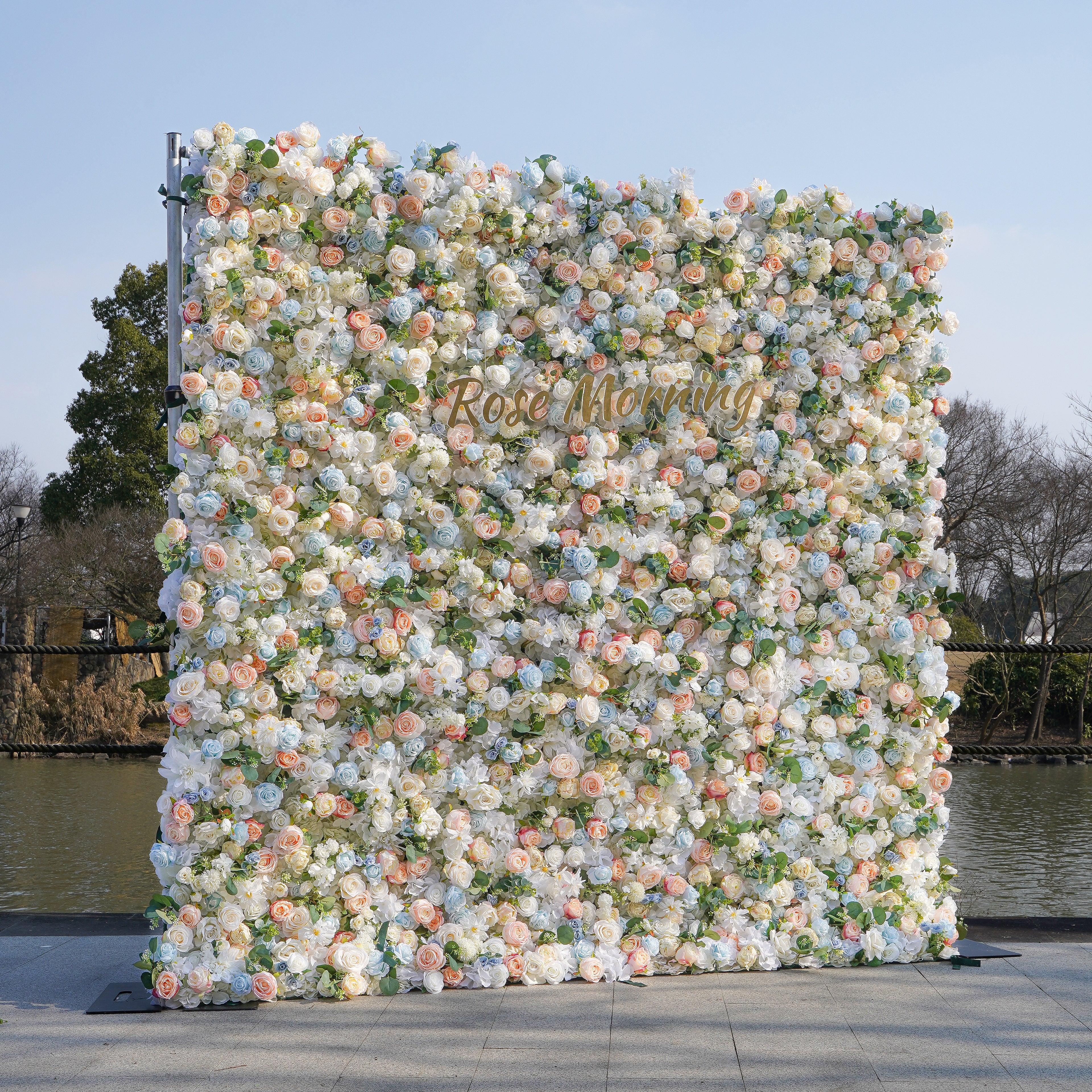 Rose Morning“The flower walls are made of artificial flowers in various colors, layered at different levels to create a lush, elegant and natural look. The exclusive zipper design and roll-up design make it easy to install and remove.”