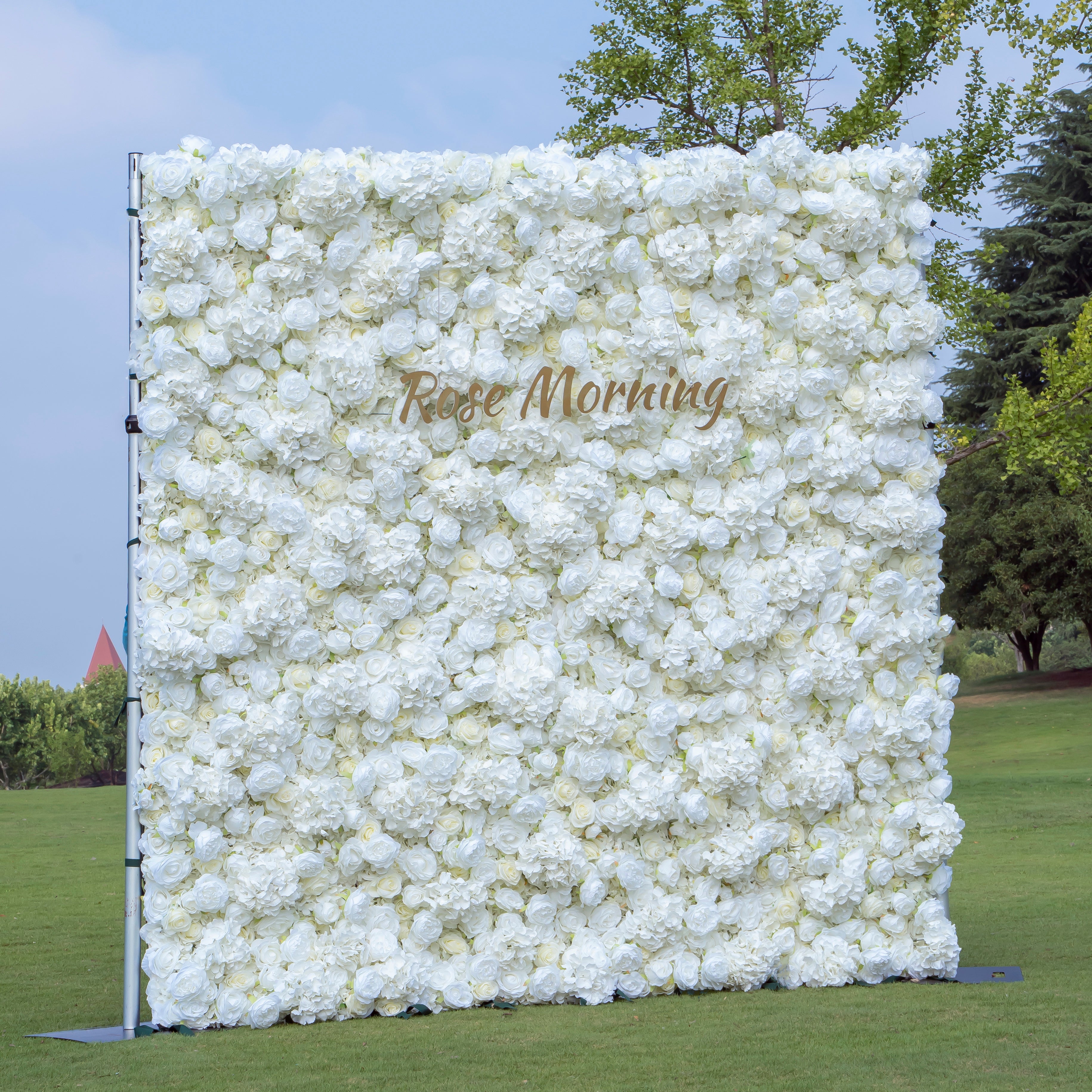Rose Morning“The flower walls are made of artificial flowers in various colors, layered at different levels to create a lush, elegant and natural look. The exclusive zipper design and roll-up design make it easy to install and remove.”