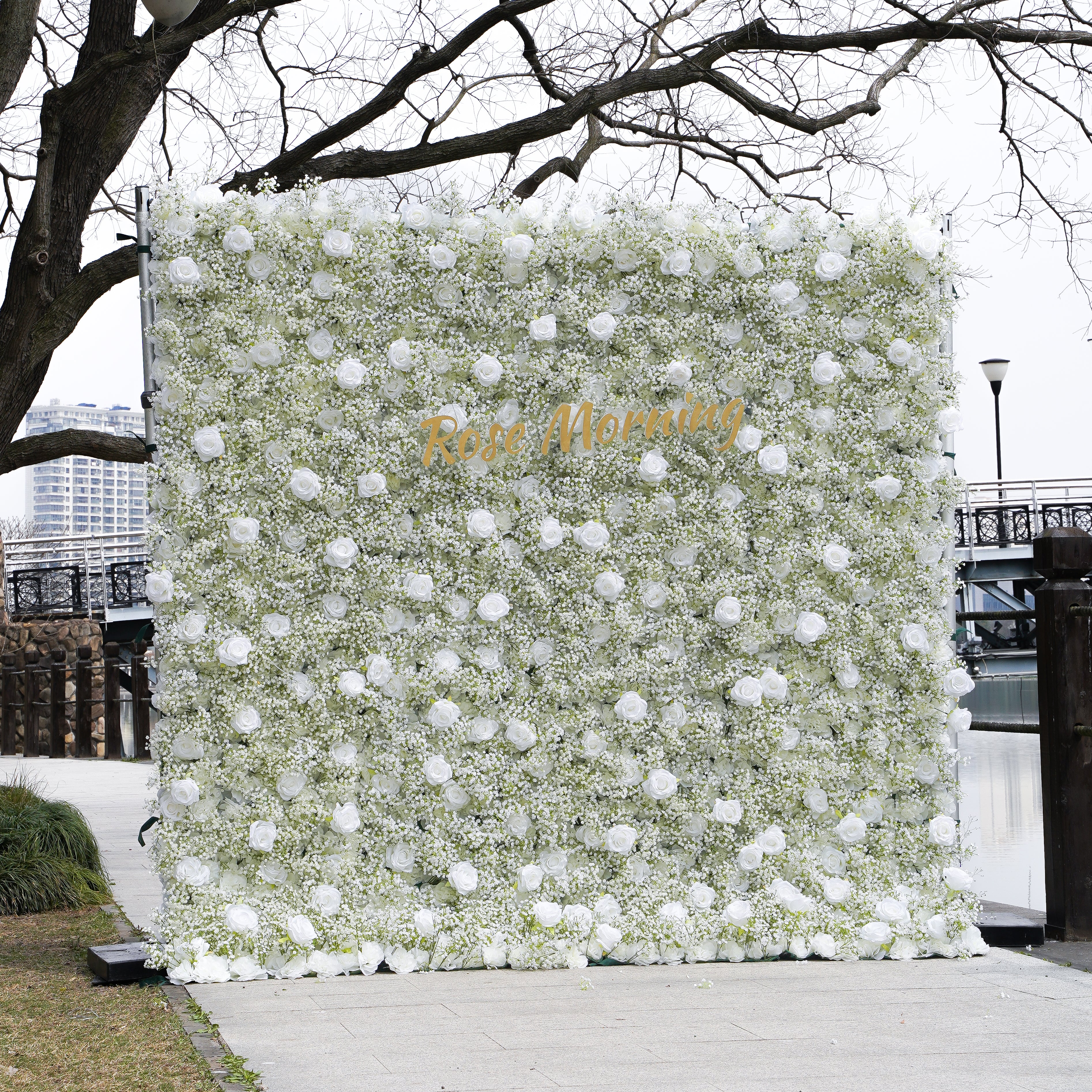 Rose Morning“The flower walls are made of artificial flowers in various colors, layered at different levels to create a lush, elegant and natural look. The exclusive zipper design and roll-up design make it easy to install and remove.”