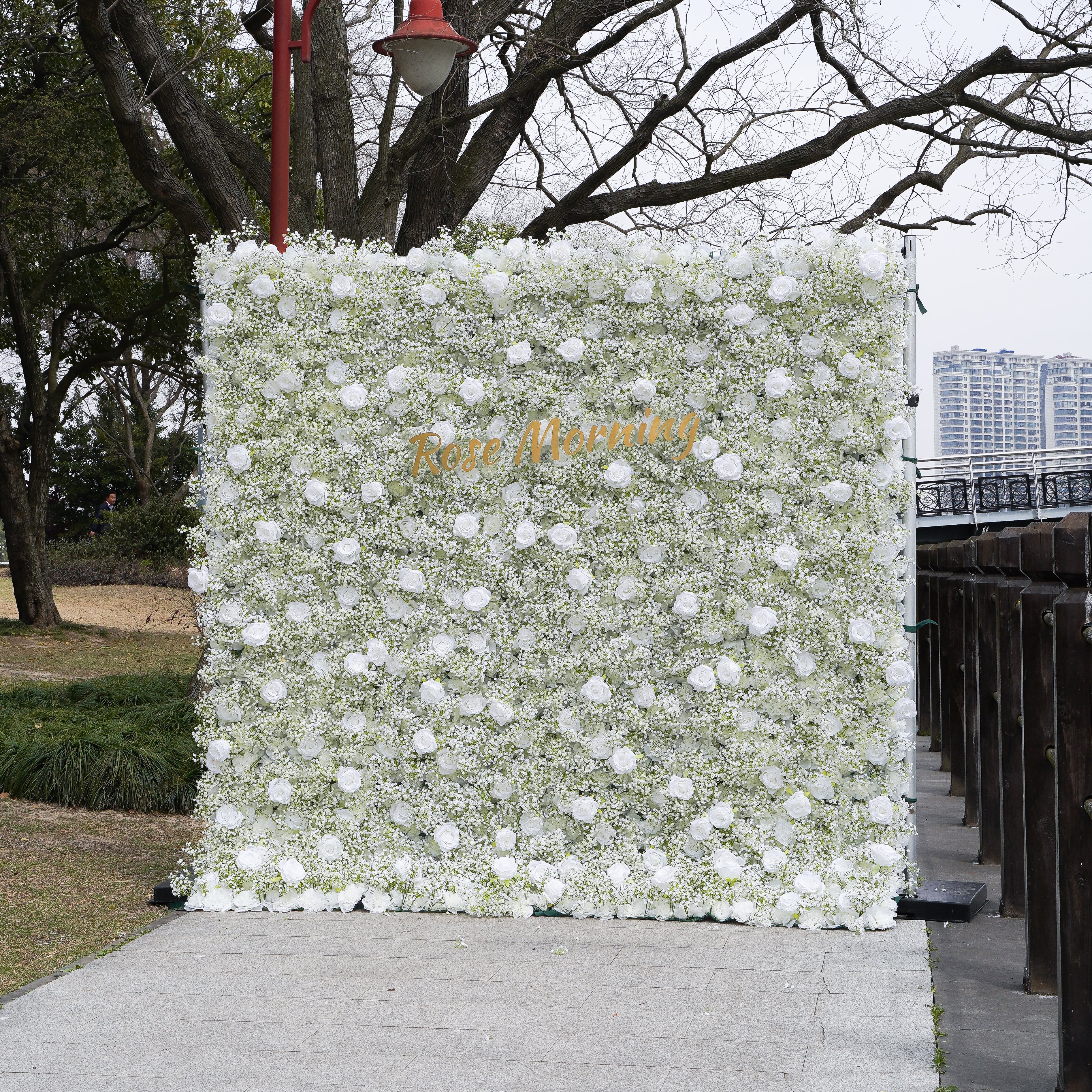 Rose Morning“The flower walls are made of artificial flowers in various colors, layered at different levels to create a lush, elegant and natural look. The exclusive zipper design and roll-up design make it easy to install and remove.”