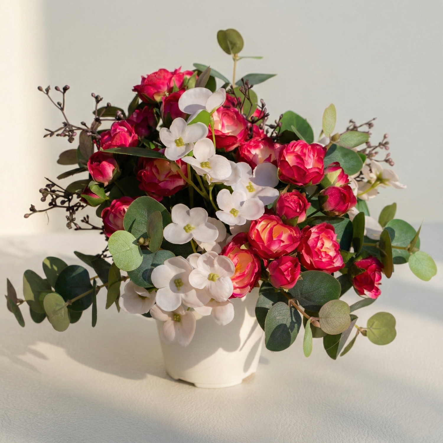 Artificial Spray Rose and Hydrangea in Plastic Pot – Indoor Tabletop Display