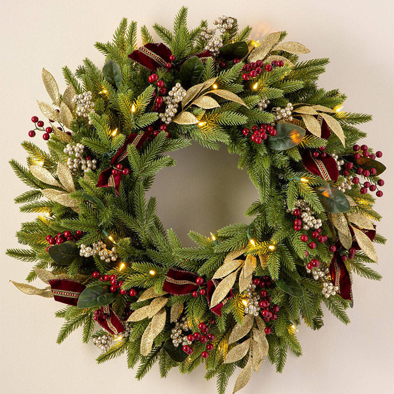 24 Inches Luxury Wreath with Gold Leaves, Red Berries and Warm Lights