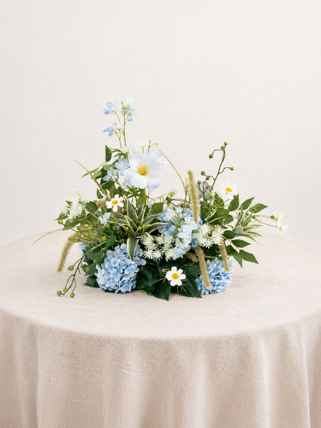 9" Tulips Greeenry Ammi Magus Small Floral Centerpiece for Wedding Reception Guest Tables in Powder Blue Meadow | Cora