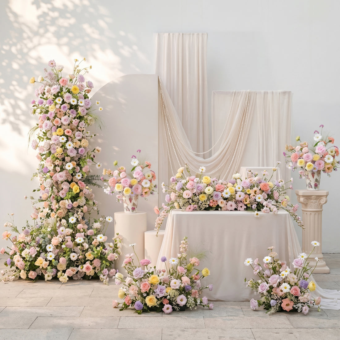 Pastel Mixed Rainbow Tone Silk Wedding Full Floral Decor Set Arch Aisle Table Flower Arrangement for Romantic Weddings &amp; Proposals