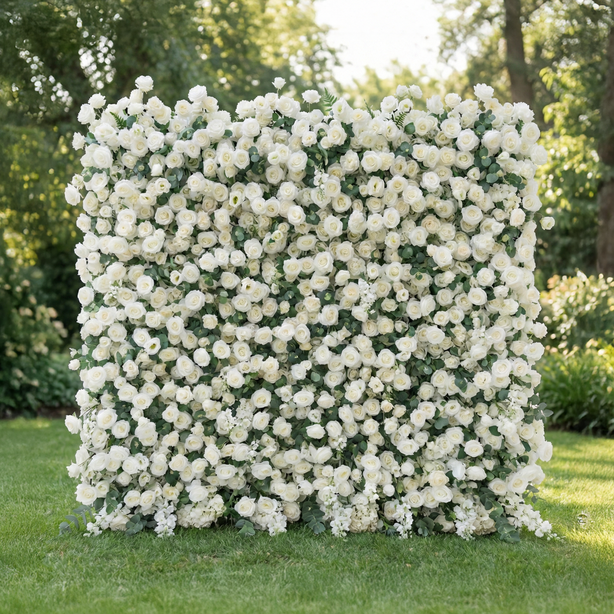 Sylas: 5D Luxury White Rose &amp; Forest Foliage Silk Floral Wall Roll-Up Fabric Backdrop for Elegant Garden Weddings &amp; Receptions