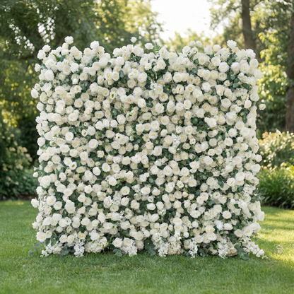 Sylas: 5D Luxury White Rose &amp; Forest Foliage Silk Floral Wall Roll-Up Fabric Backdrop for Elegant Garden Weddings &amp; Receptions