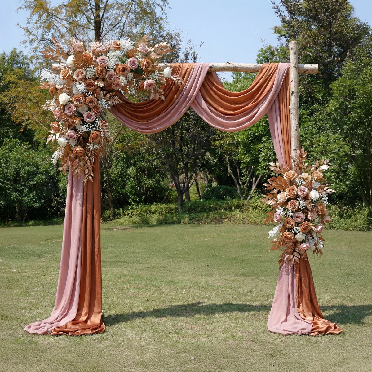 Vintage Terracotta and Dusty Rose Wedding Arch Decor with Chiffon Drapes for Garden Ceremony and Reception Backdrop