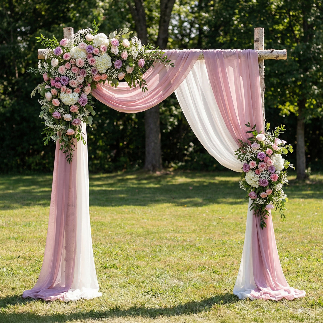 Romantic Dusty Rose and Mauve Wedding Arch Flowers with Chiffon Drapes Kit for Garden Ceremony Backdrop