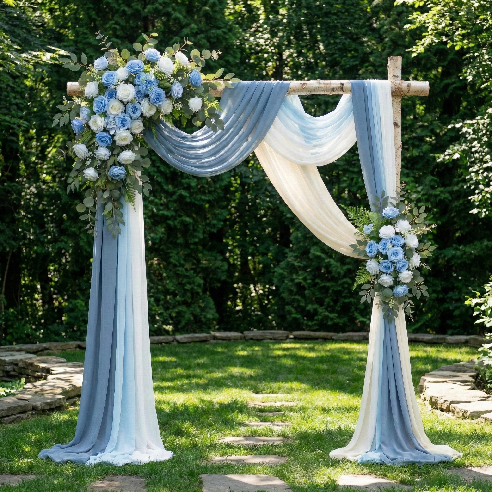 Dusty Blue Rose Floral Wedding Arch Flowers Kit with Drapes for Ceremony Backdrop