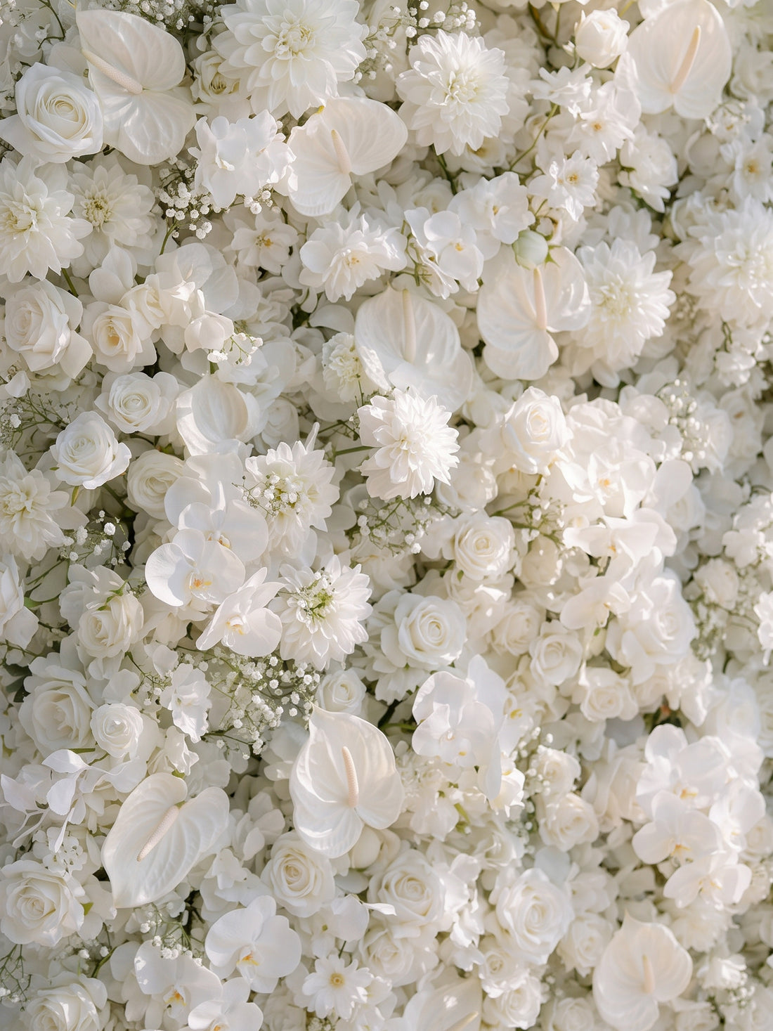 Opal：2026 Luxury 5D All-White Floral Wall with Greenery Roll-Up Backdrop for Rustic Garden Weddings