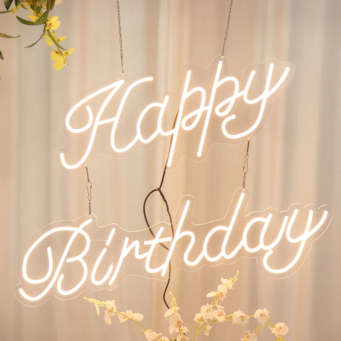 S004: Wall Decor Lights Happy Birthday LED Neon Light Sign With Hanging Chain for Event Decor Rose Morning