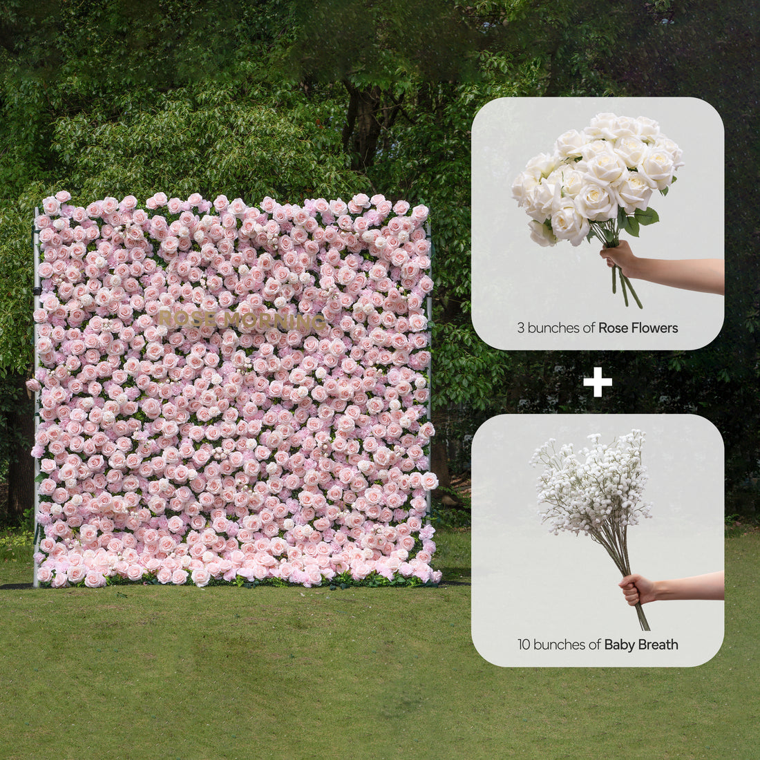 CP Querido wall:One Fabric Backdrop Artificial rolling up flower wall + 3 bunches of rose flowers + 10 bunches of baby breath