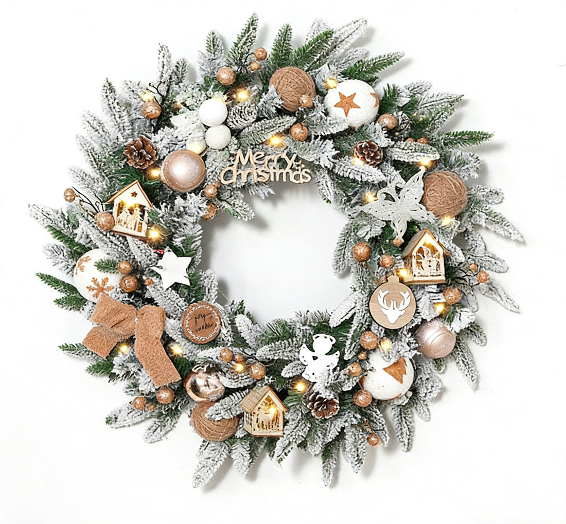Flocked Winter Christmas Wreath with Neutral Wood Ornaments and Lights