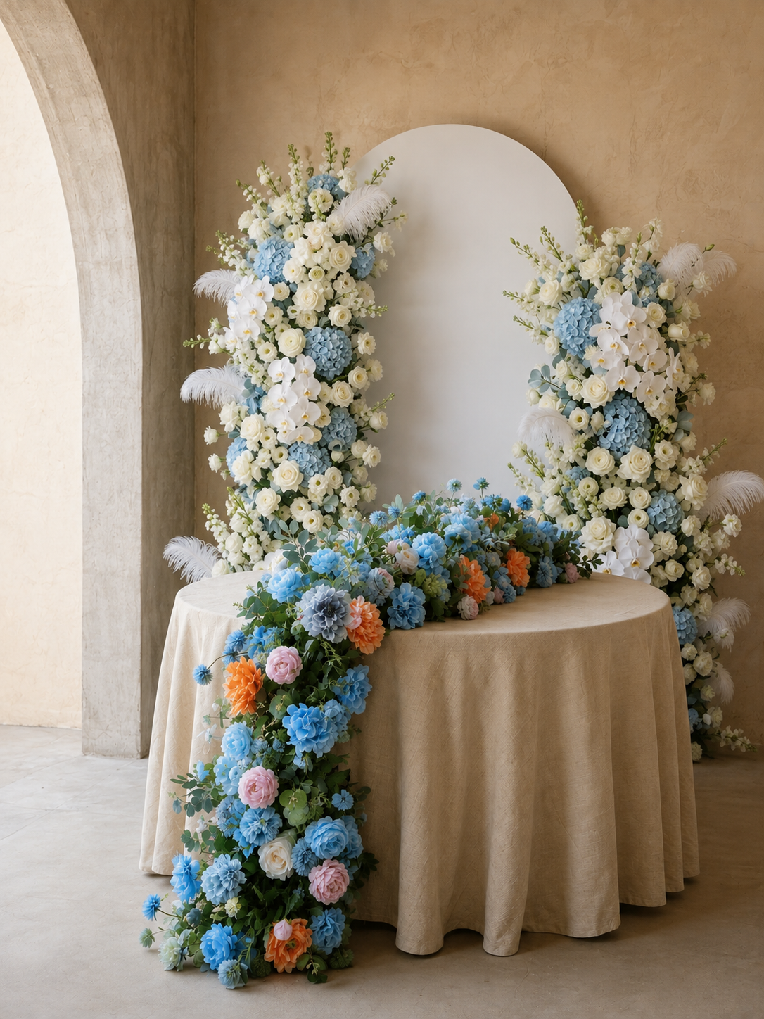Sky Blue Hydrangea White Orchid Rose Wedding Backdrop(Excludes Frame)+Amo Long strip flower Runner