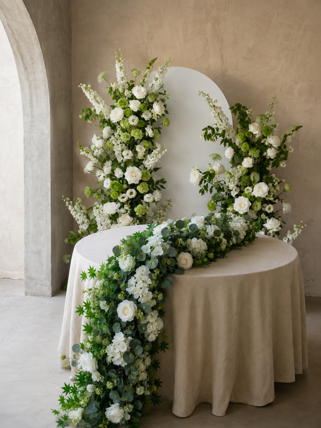 Odelia: White Green Rose Calla Lily Wedding Background Arch (Excluding Frame) + Clam Long strip flower Runner