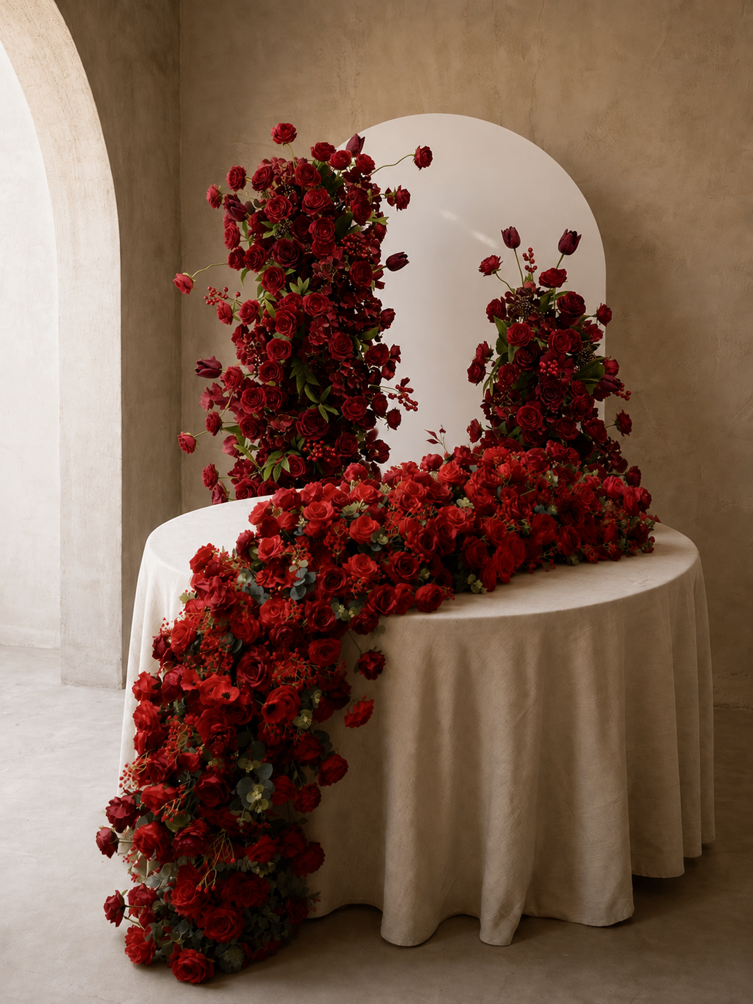 Sorrel: Red Calla Wedding Background Arch KT Backdrop +Red Lucia Flower Runner