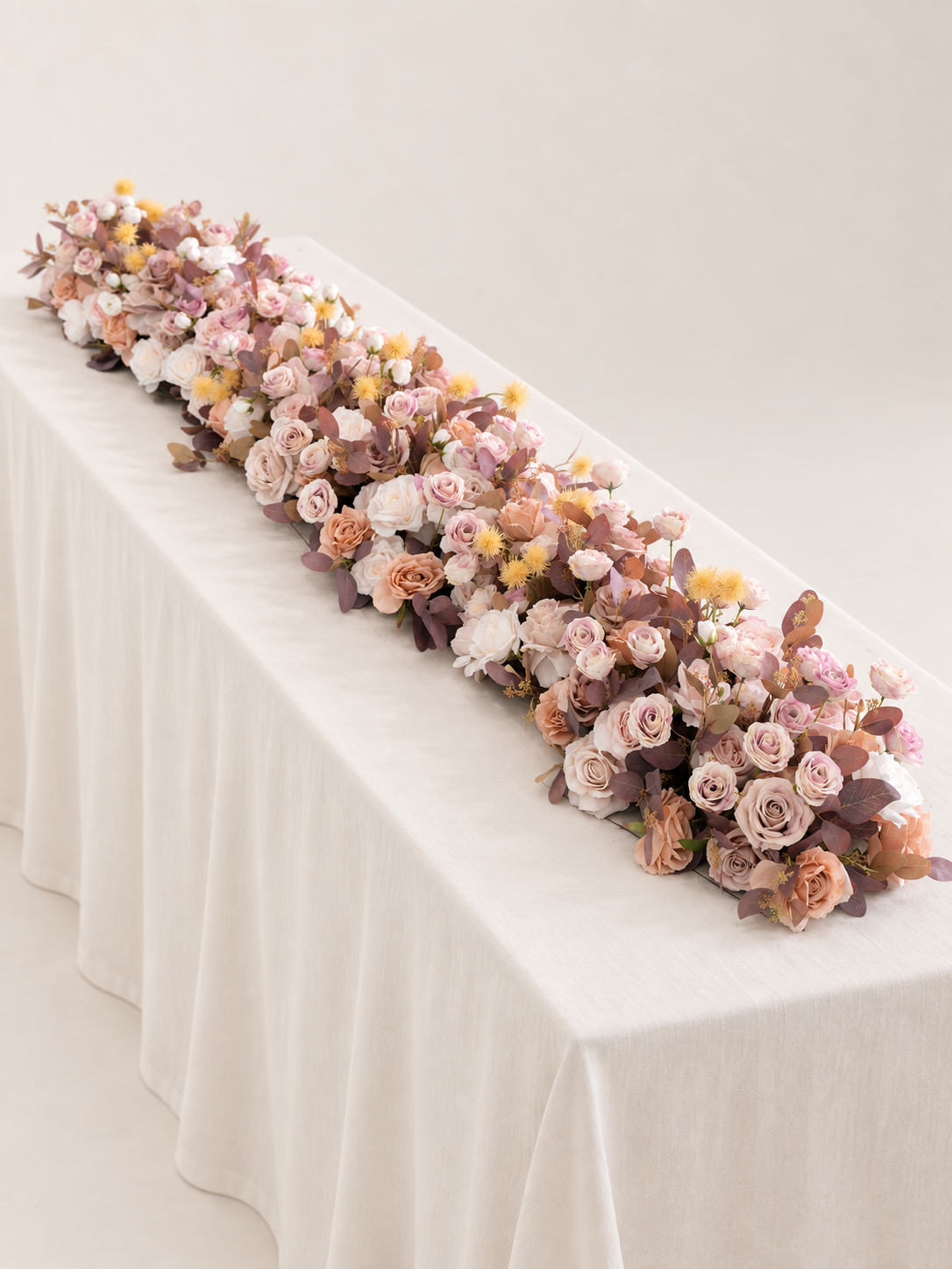 8′10″ Dusty Blush Cappuccino Rose, Spray Rose &amp; Smoky Tree Floral Table Centerpiece for Wedding Reception in Dusty Blush Reverie | Vera