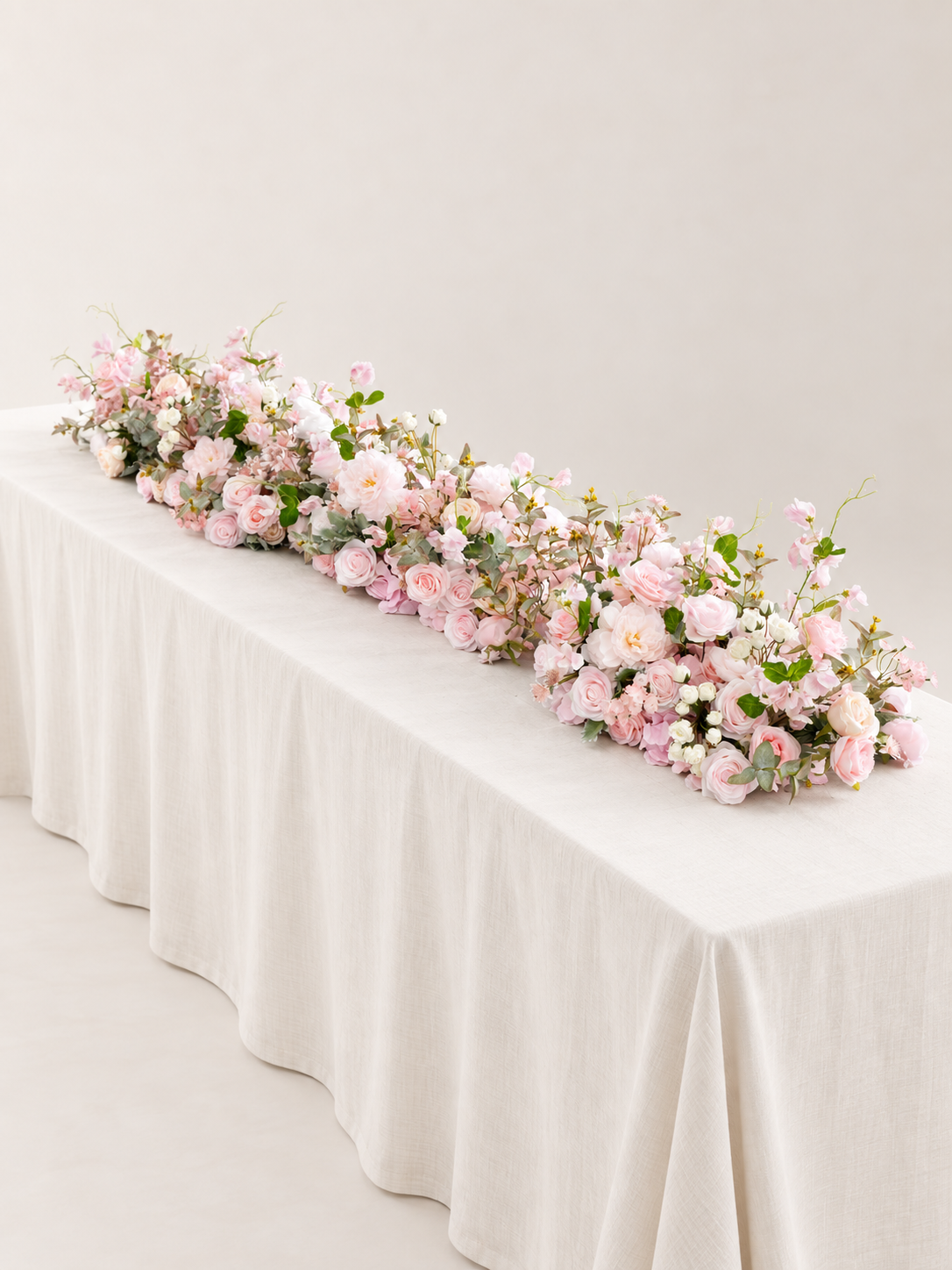 8′10″Dusty Blush Cappuccino Rose, Spray Rose &amp; Smoky Tree Floral Table Centerpiece for Wedding Reception in Dusty Blush Reverie | Vera