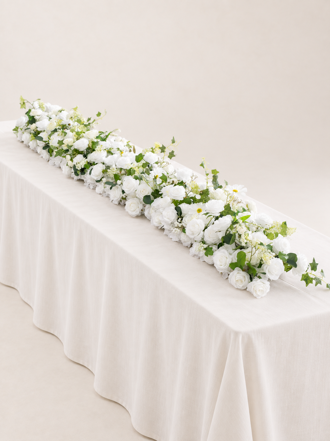 8′10″ Pearl White Roses, Daisy &amp; Ivy Long Table Centerpiece, for Wedding Reception Table, Pearl White Garden|Galia