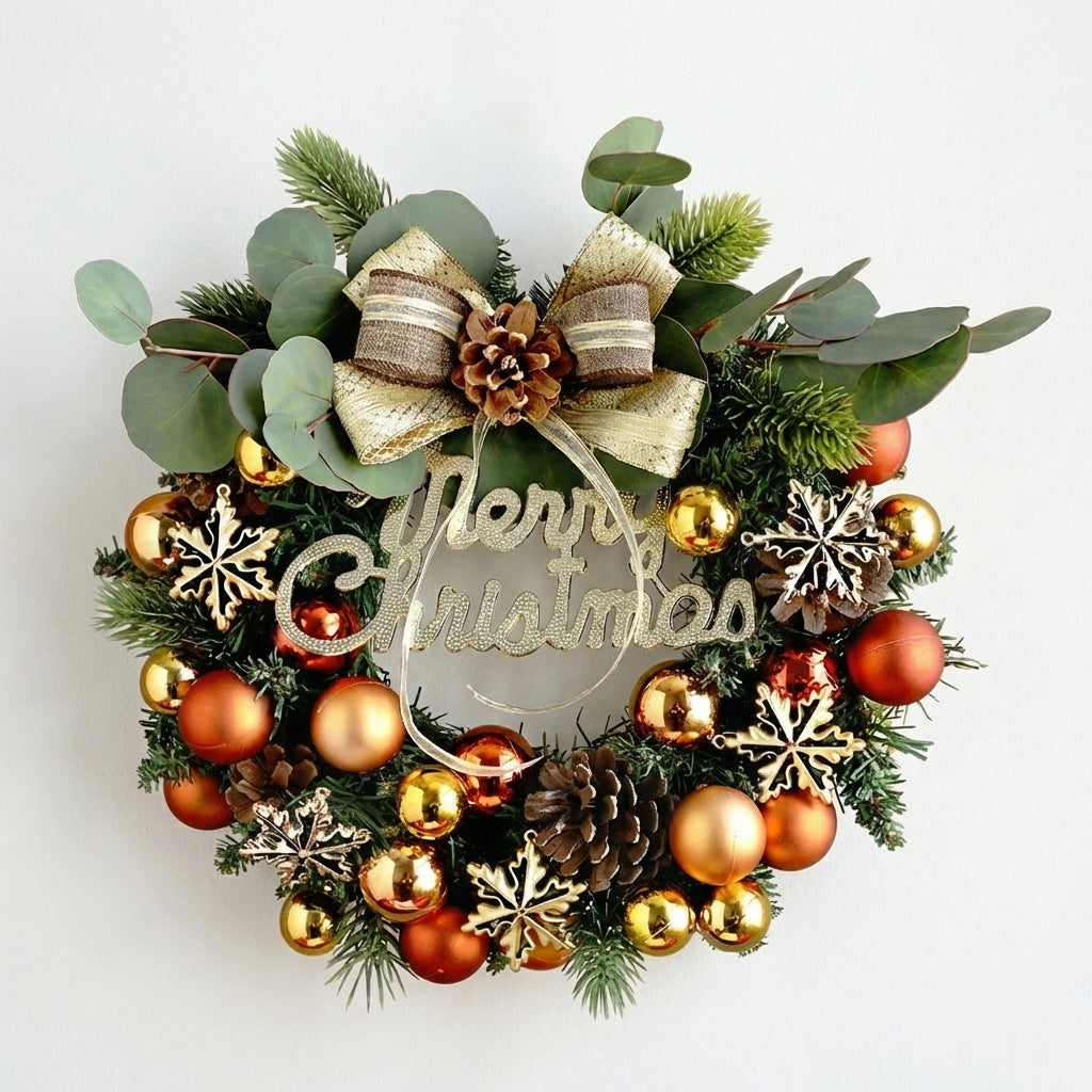 12 Inches Modern Christmas Wreath with Gold Ornaments and “Merry Christmas” Sign