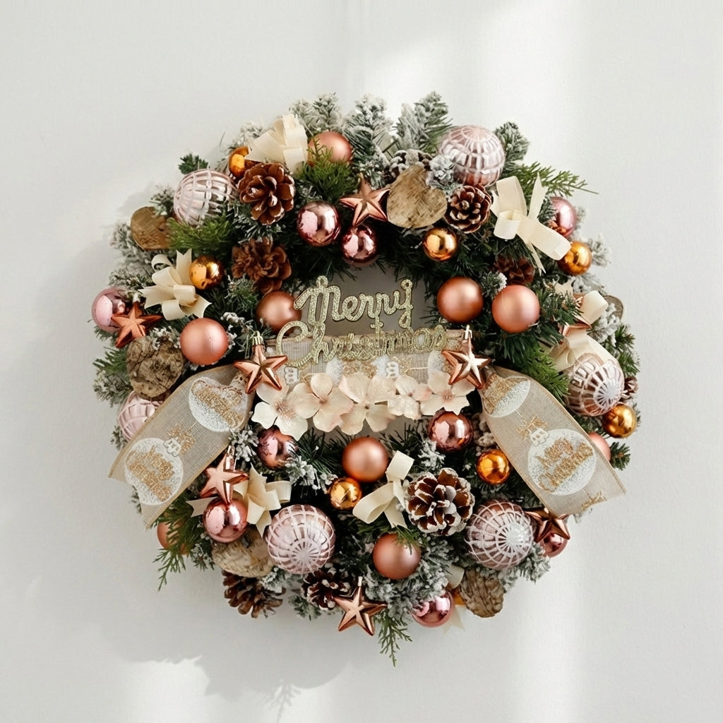17 Inches Rose Gold Christmas Wreath with Soft Pink Ornaments and Snowy Greenery