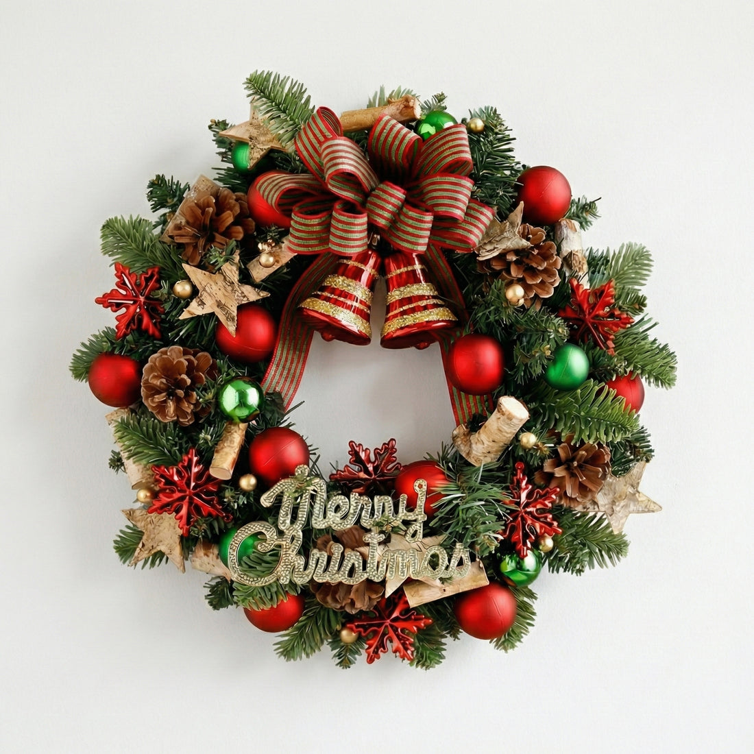 14 Inches Traditional Red and Green Christmas Wreath with Bells and Ribbon Bow