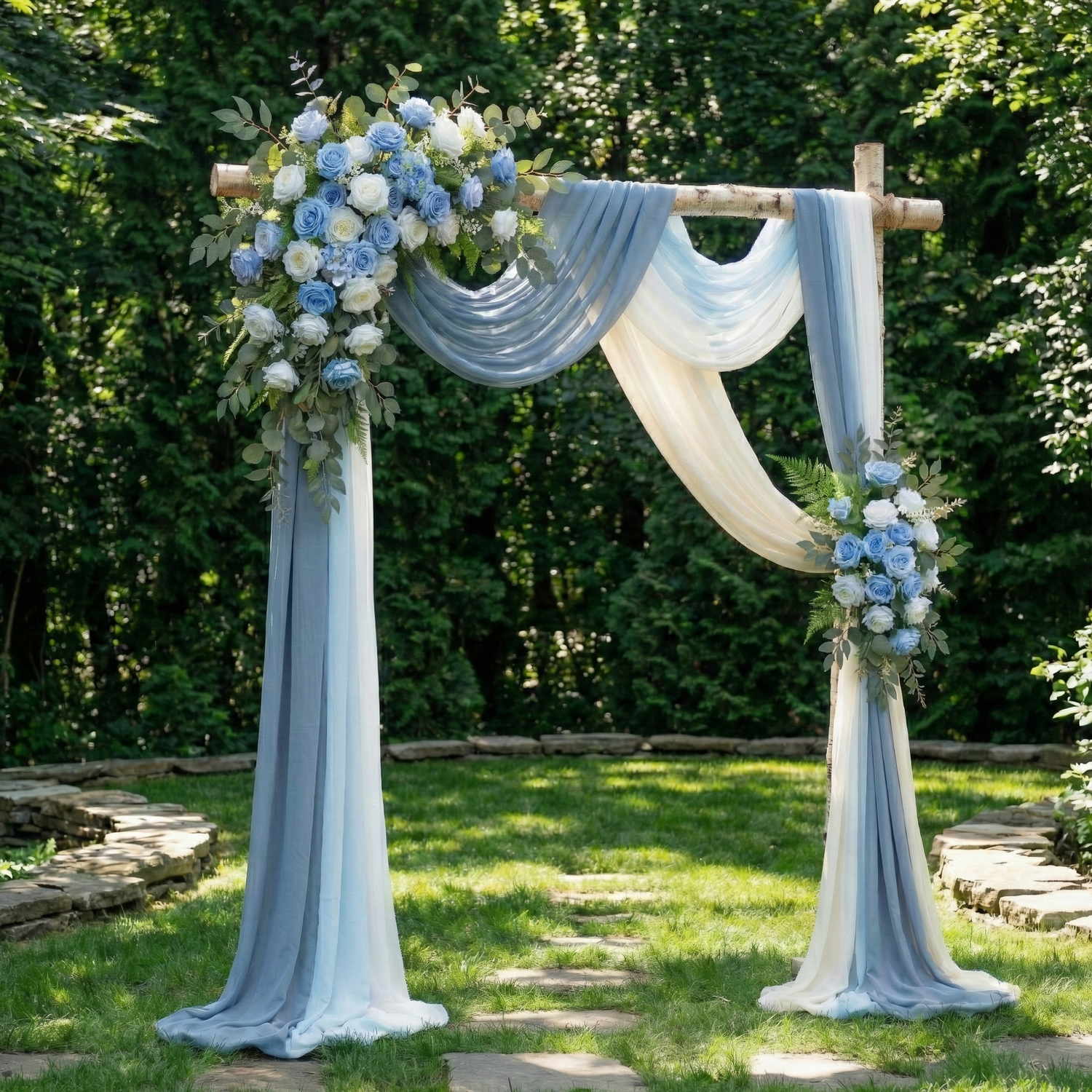 Dusty Blue Rose Floral Wedding Arch Flowers Kit with Drapes for Ceremony Backdrop