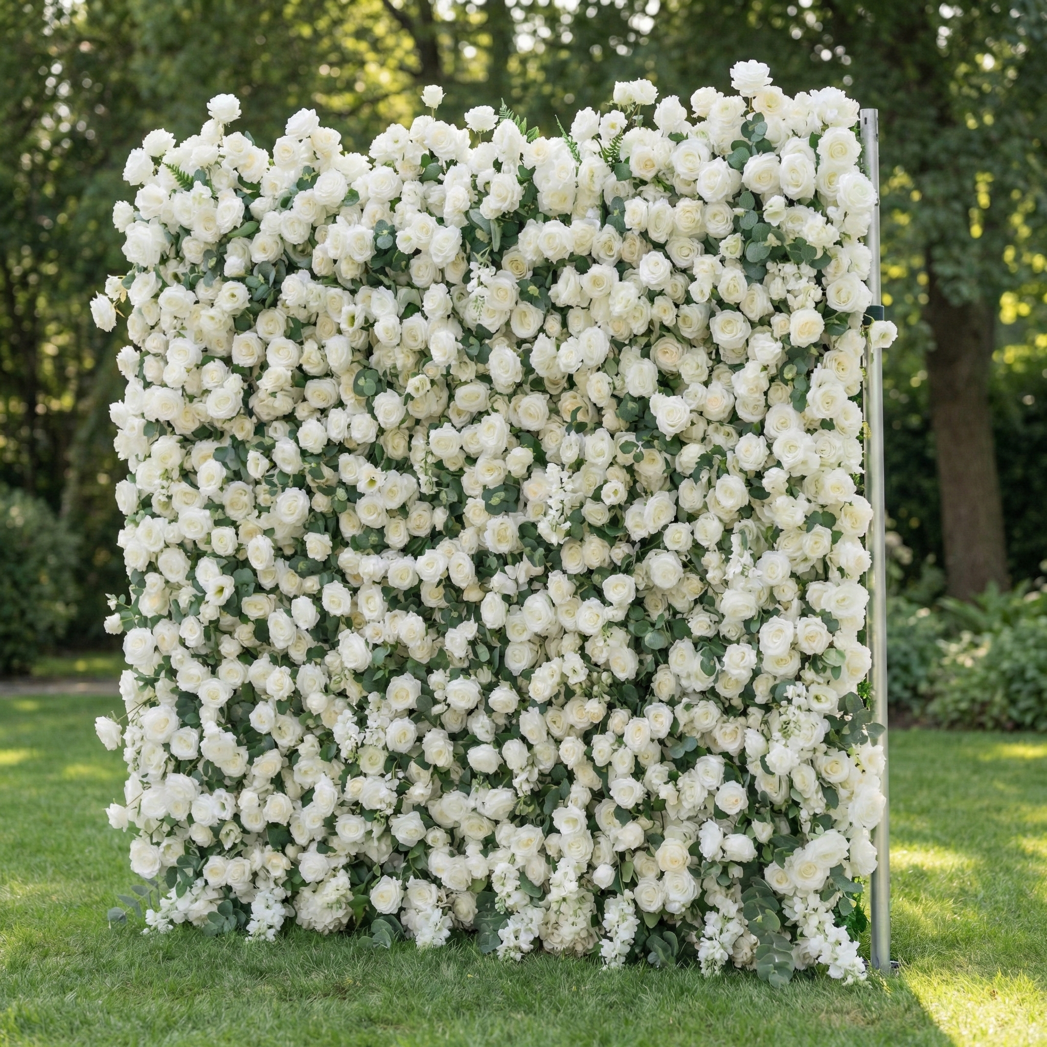 Sylas: 5D Luxury White Rose &amp; Forest Foliage Silk Floral Wall Roll-Up Fabric Backdrop for Elegant Garden Weddings &amp; Receptions